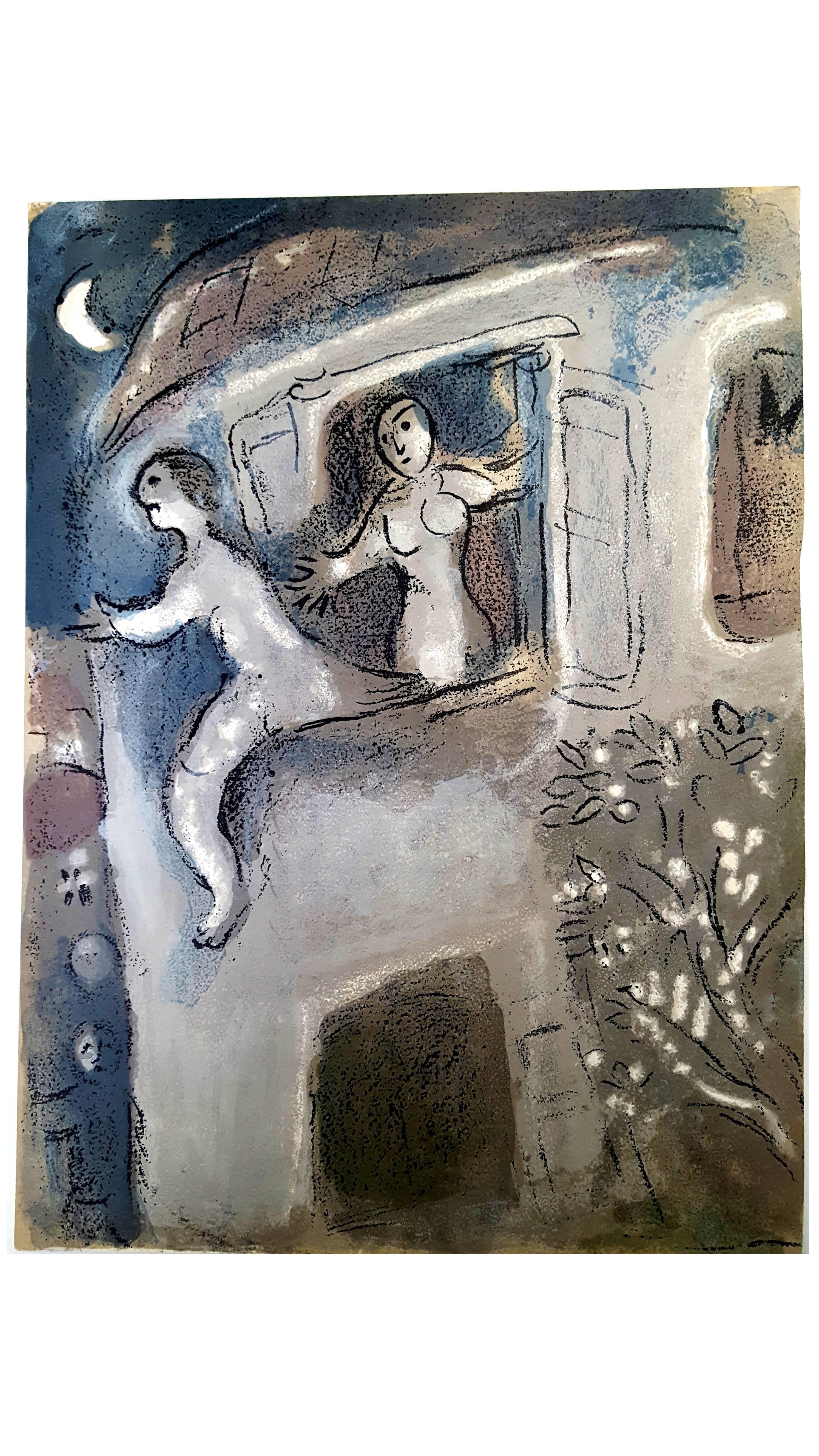 Marc Chagall, lithographie de Verve représentant un instant de la Bible.
Technique : Lithographie en couleurs (Mourlot n° 234)
Au verso : une autre lithographie originale en noir et blanc (Mourlot n° 257)
Année :	1960
Tailles :	35,5 x 26 cm / 14" x