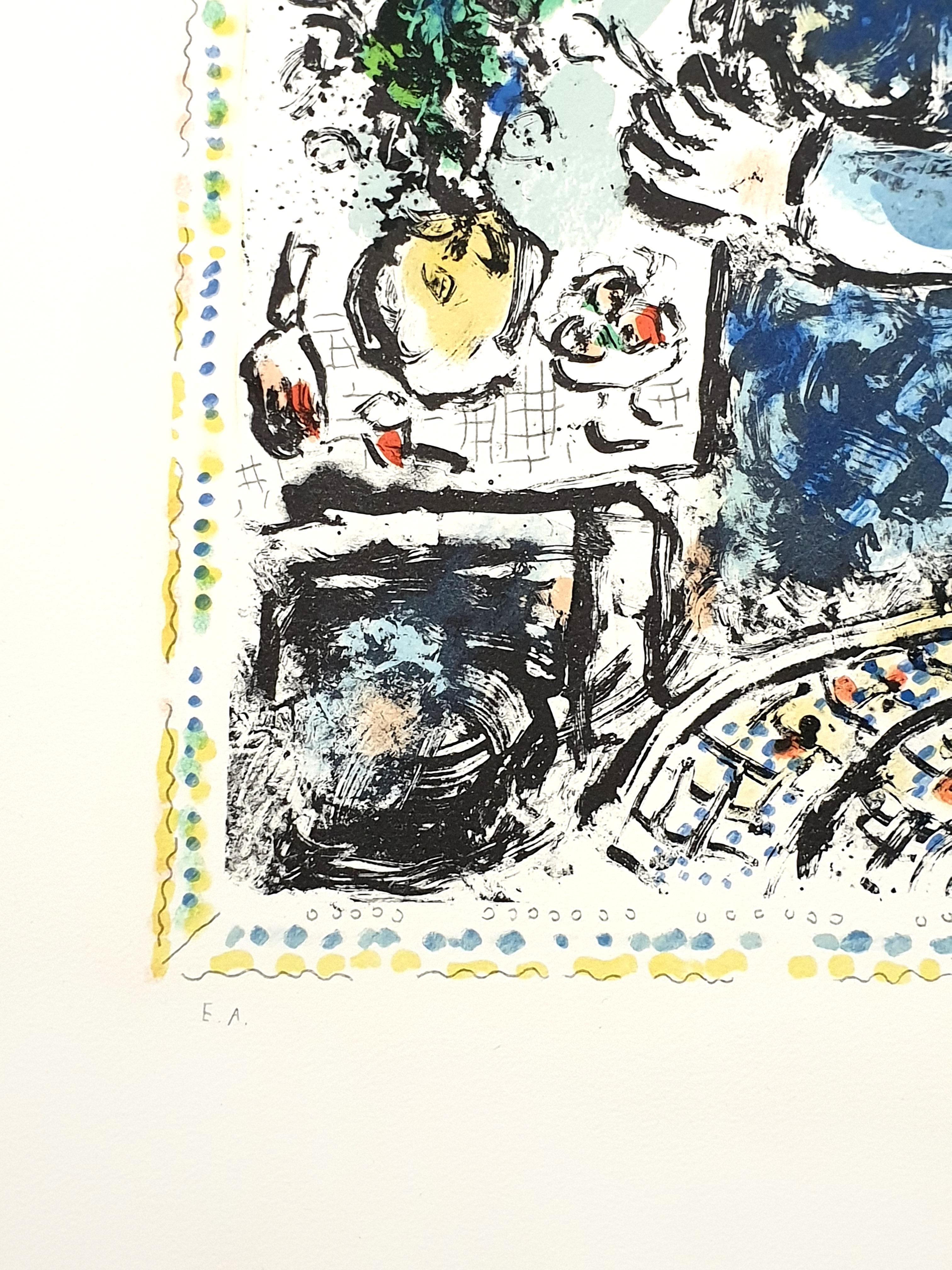 Marc Chagall - The Blue Workshop - Original Handsigned Lithograph
1983
Printed by Mourlot
Dimensions: 65 x 47.5 cm 
Handsigned in pencil
Justified EA (Epreuve D'artiste, Artist proof) aside from the edition of 50.
Medium : Arches Vellum