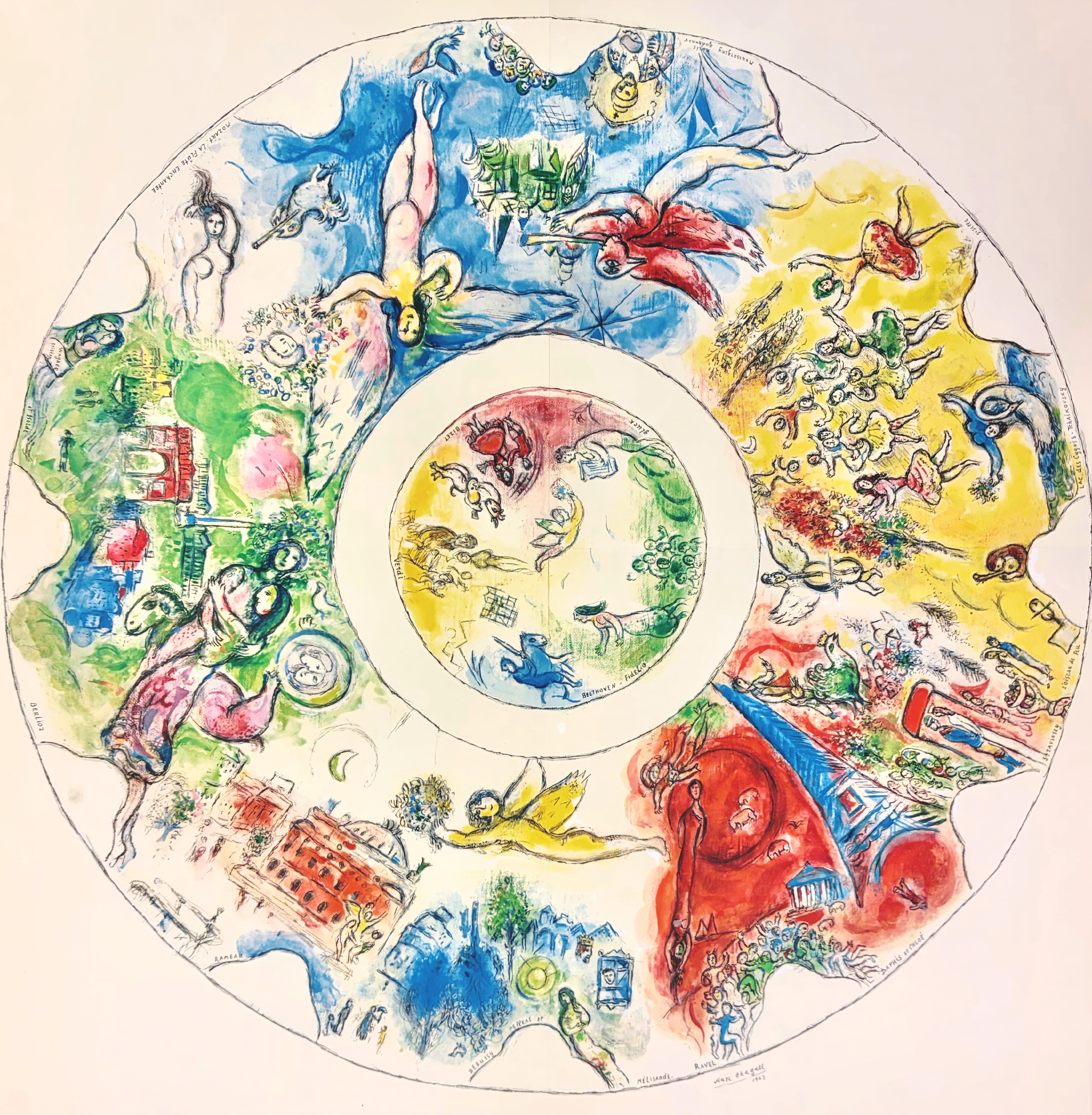 This exquisite lithograph after Marc Chagall (1887–1985), titled Le Plafond de l’Opera de Paris (The Ceiling of the Paris Opera), from the album Le plafond de l’Opera de Paris par Marc Chagall (The Ceiling of the Paris Opera by Marc Chagall),