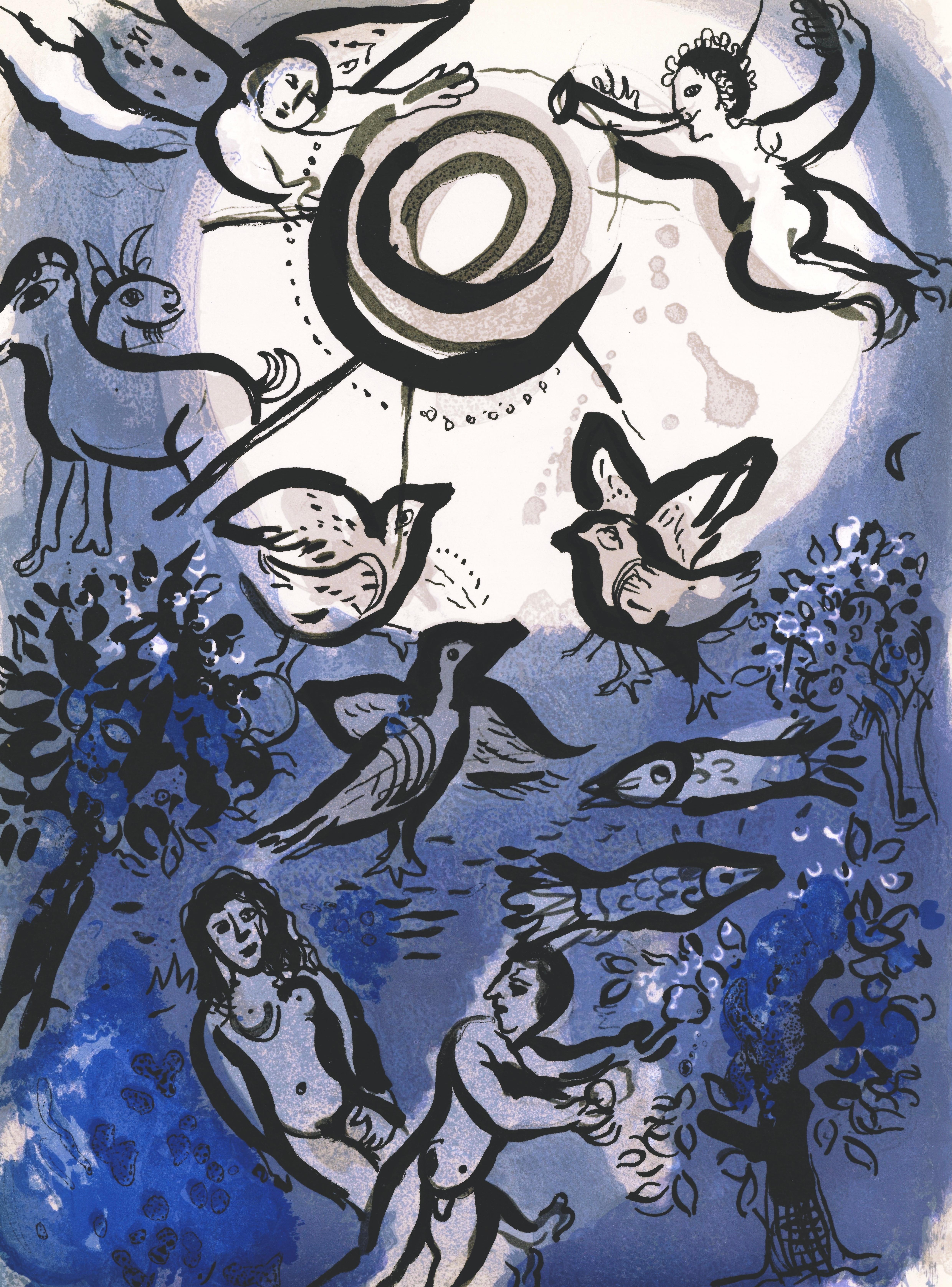 This exquisite lithograph by Marc Chagall (1887–1985), titled Creation (The Creation), from Marc Chagall, Dessins Pour La Bible (Drawings for the Bible), Verve: Revue Artistique et Litteraire, Vol. X, No. 37-38, originates from the July 29, 1960