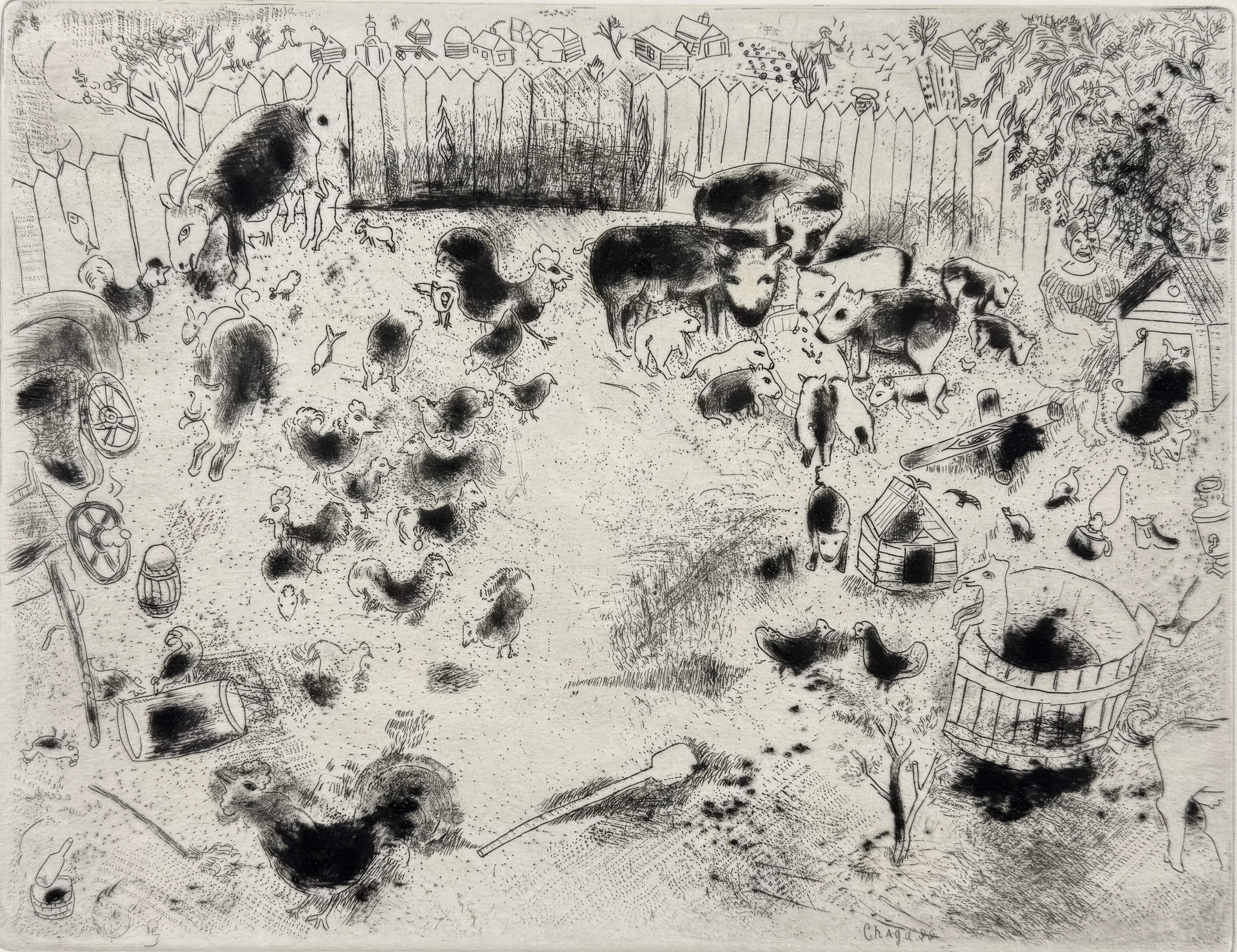 This exquisite etching by Marc Chagall (1887–1985), titled La basse-cour (The Farmyard), originates from the celebrated folio Nicolas Gogol, Les Ames mortes, Eaux-fortes originales de Marc Chagall (Nicolas Gogol, Dead Souls, Original Etchings by