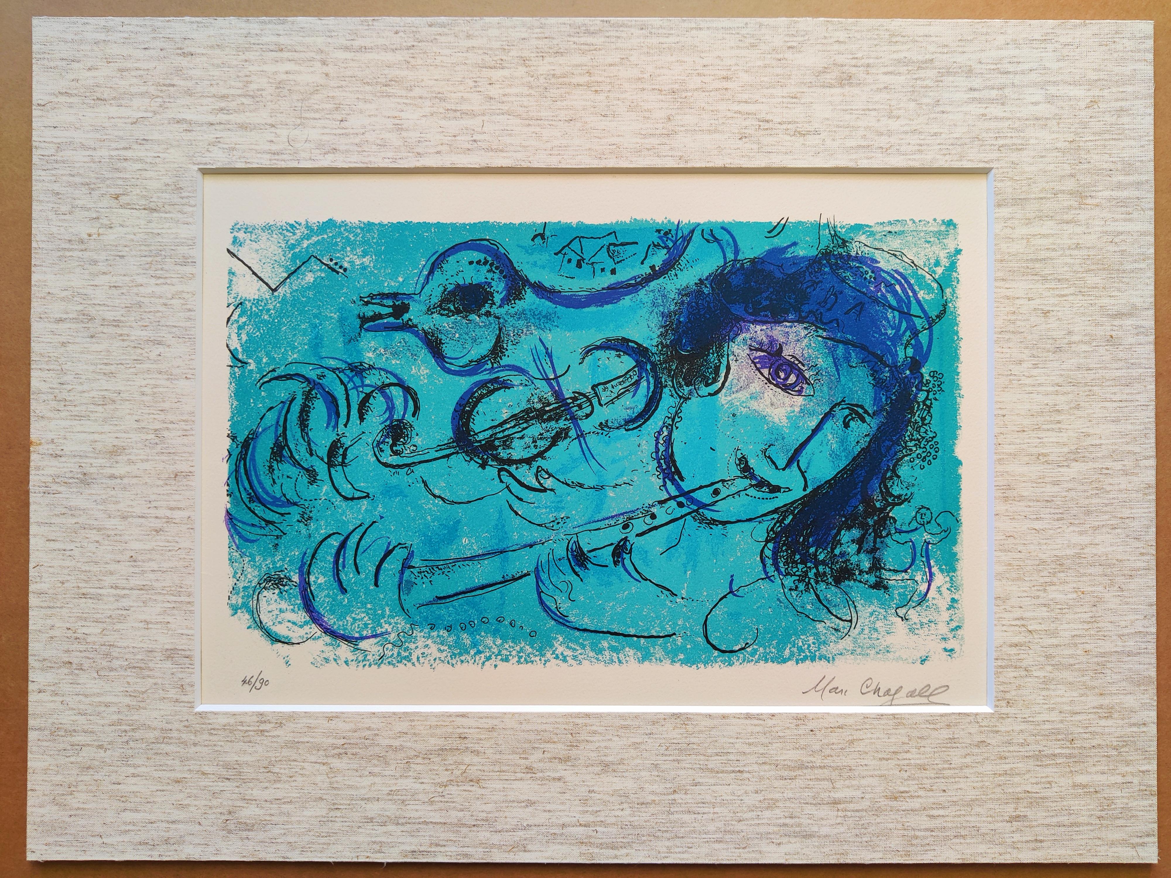 Marc Chagall
The Flute Player (M. 197)
Lithograph printed in colors, 1957
Signed low right in pencil 
Numbered 46/90
Published by Maeght, Paris
framed
image: 250 x 430 mm 
sheet: 380 x 560 mm 
excellent impression
