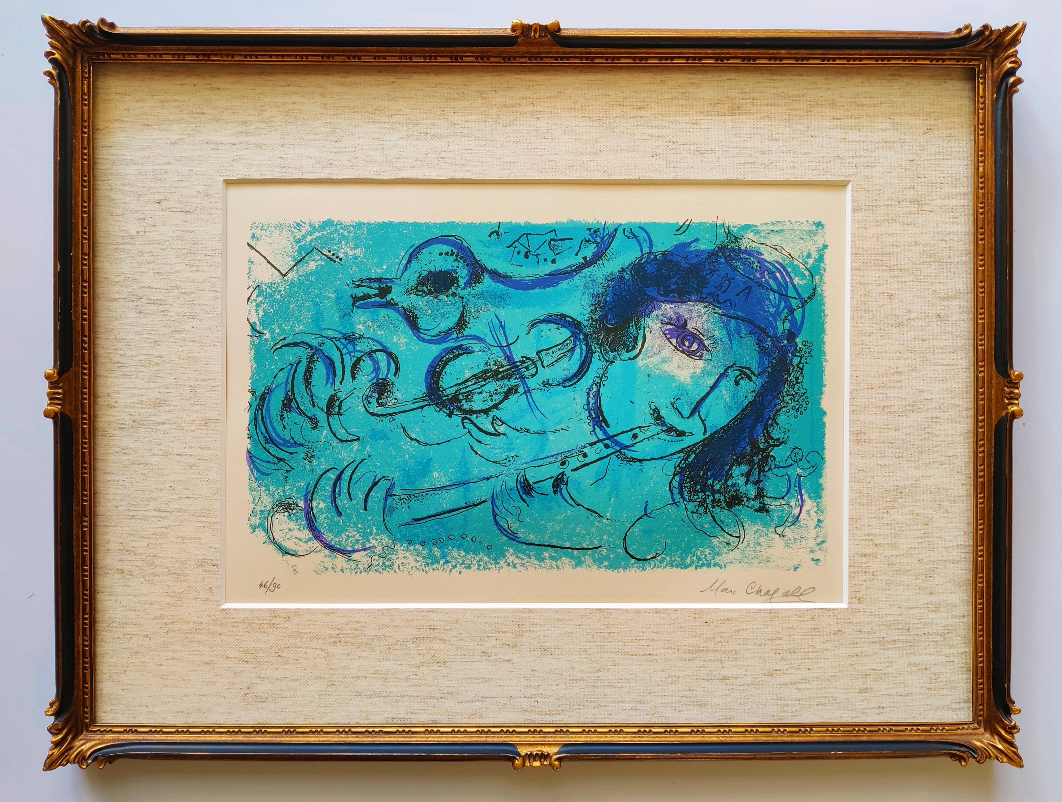 Marc Chagall
Der Flötenspieler (M. 197)
Farblithographie, 1957
Signiert unten rechts mit Bleistift 
Nummeriert 46/90
Herausgegeben von Maeght, Paris
gerahmt
Bild: 250 x 430 mm 
Blatt: 380 x 560 mm 
ausgezeichneter Eindruck
