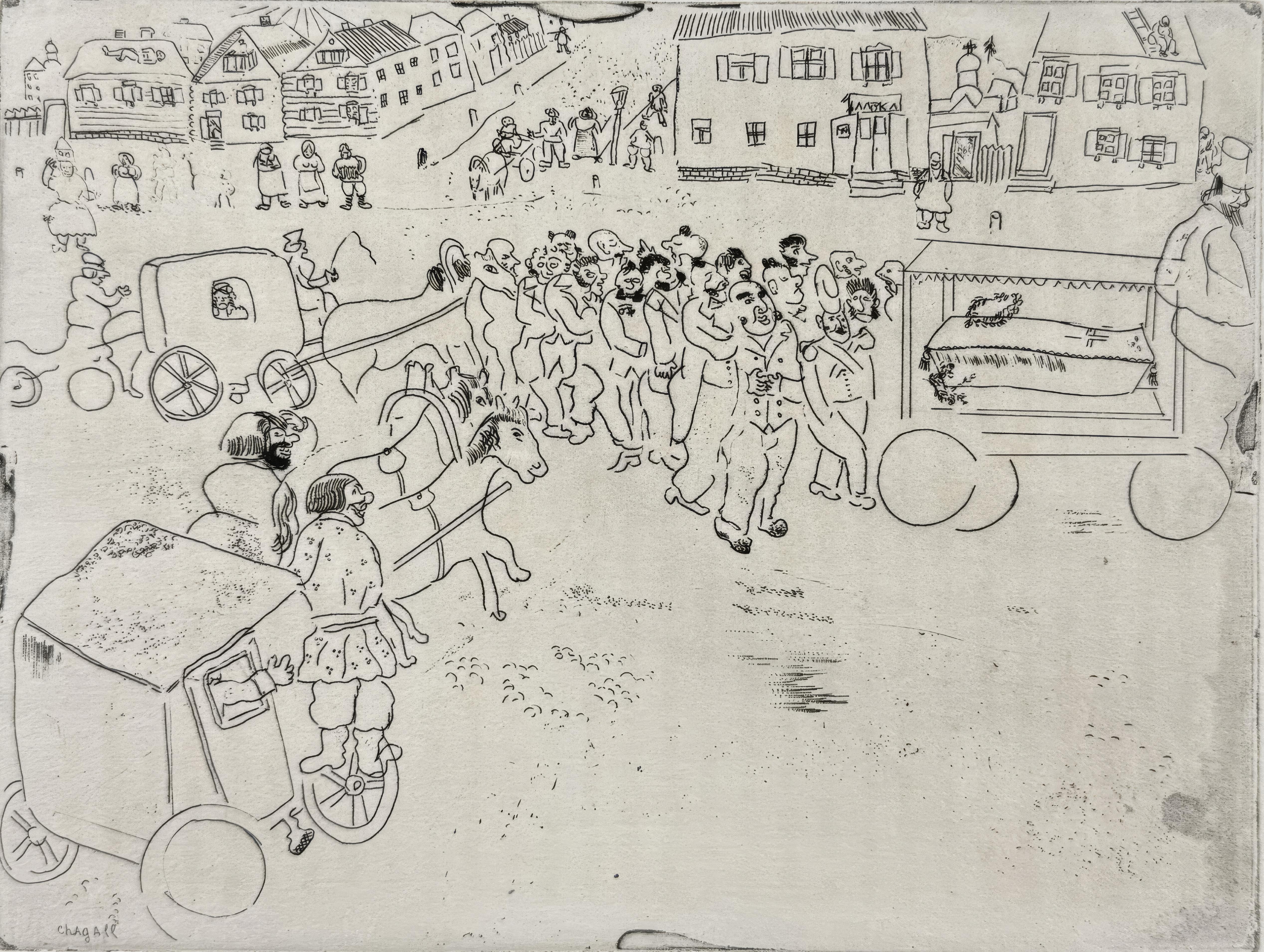 This exquisite etching by Marc Chagall (1887–1985), titled L'enterrement du procureur (The Funeral of the Prosecutor), originates from the celebrated folio Nicolas Gogol, Les Ames mortes, Eaux-fortes originales de Marc Chagall (Nicolas Gogol, Dead