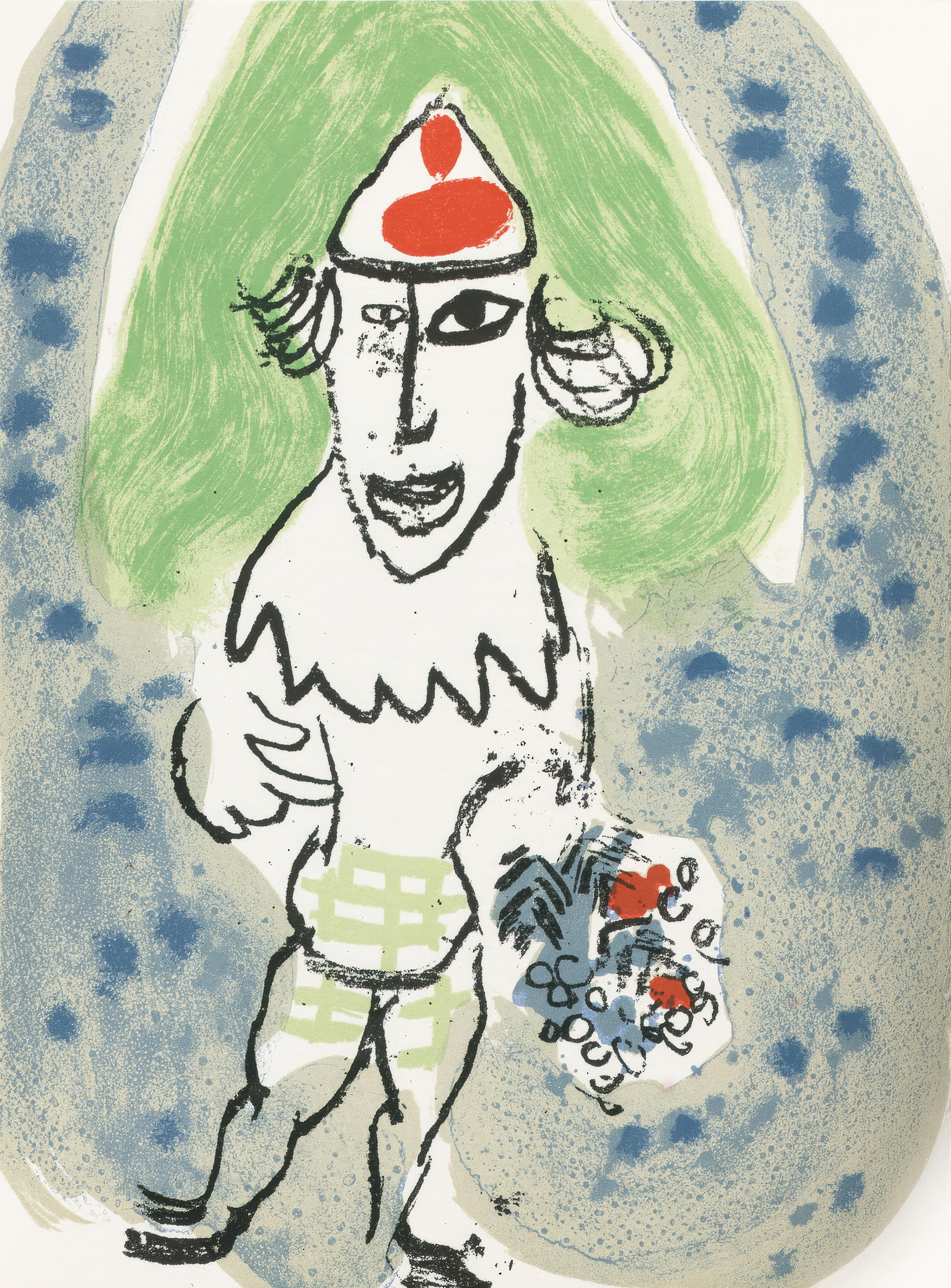 This exquisite lithograph by Marc Chagall (1887–1985), titled Le Clown vert (The Green Clown), from the album Lithographies et eaux-fortes originales, livres illustres originaux, affiches, Derriere Le Miroir (Lithographs and Original Etchings,