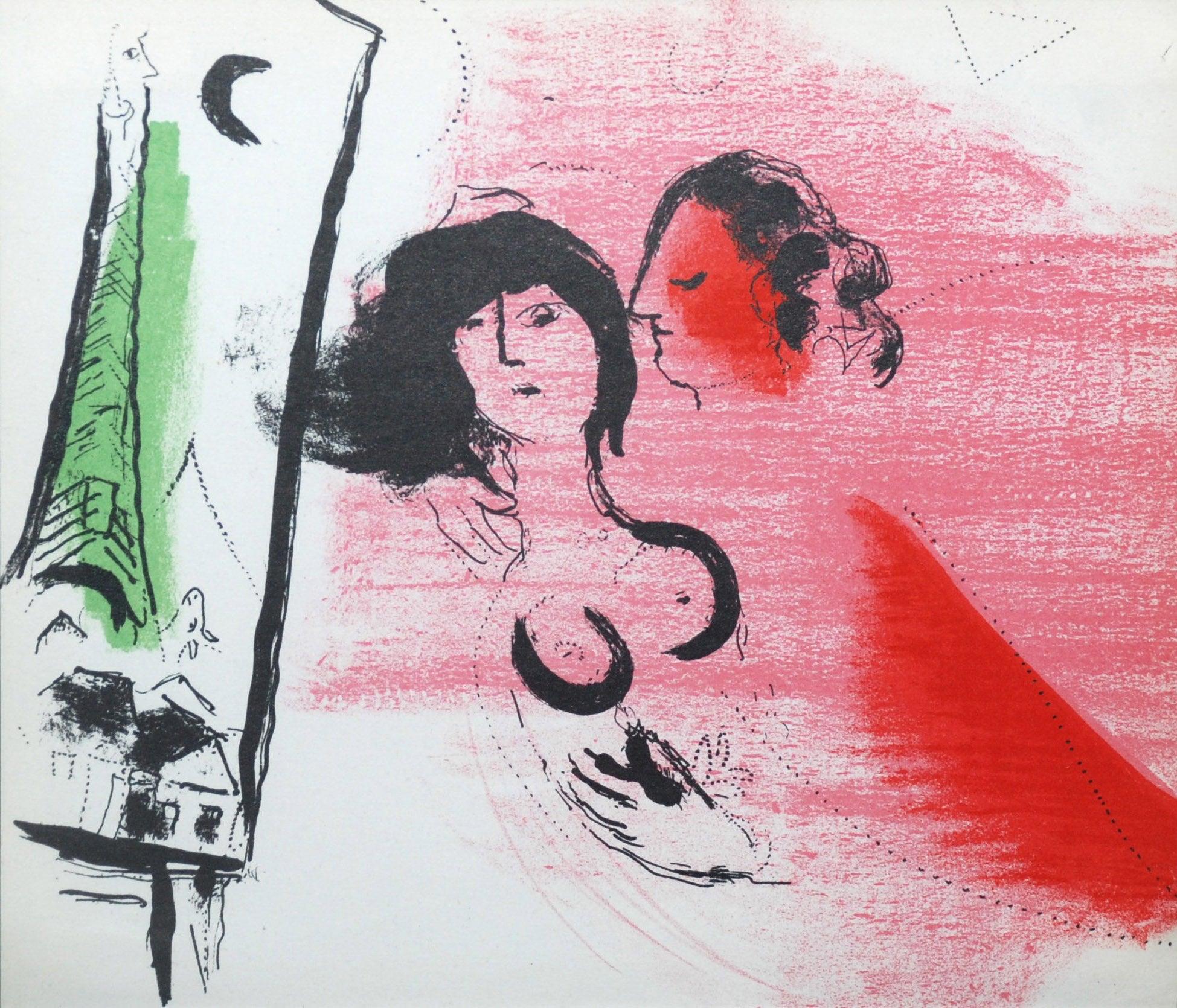 Artist: Marc Chagall
Title: The Green Eiffel Tower
Portfolio: 1957 Chagall - Jacques Lassaigne
Medium: Original lithograph
Year: 1957
Edition: 6,000
Frame Size: 13 1/2" x 15 1/2"
Sheet Size: 7 7/8" x 9" 
Image Size: 7 7/8" x 9" 
Signature: