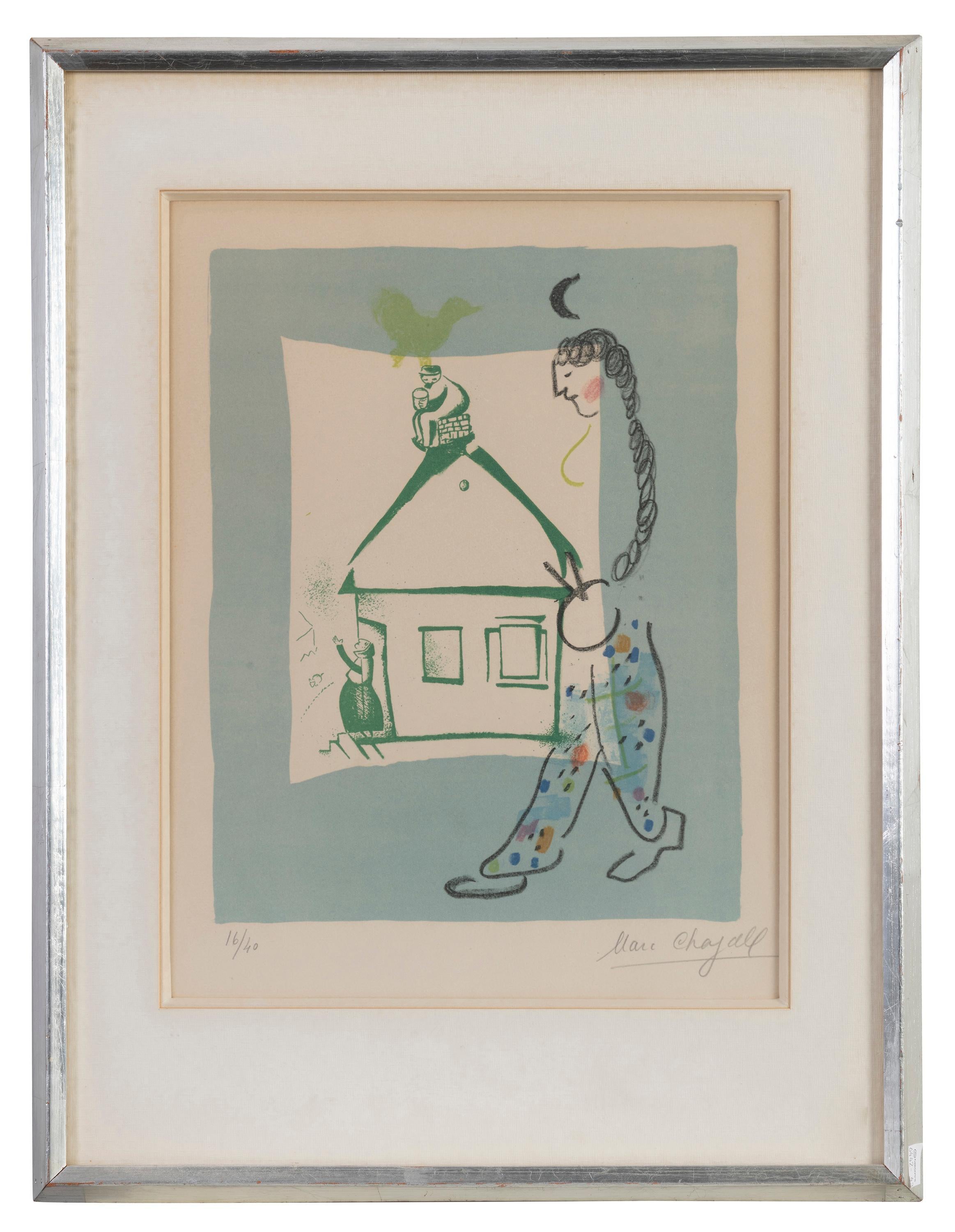 Marc Chagall 
Das Haus in meinem Dorf, 1960
Lithographie
Handsigniert unten rechts
Auflage 16/40 unten links
Rahmengröße 56 x 42,5 x 3 cm
Bildgröße 32 × 25,5 cm
Inklusive Rahmen

Referenz Mourlot  283

Einige Flecken auf der Matte