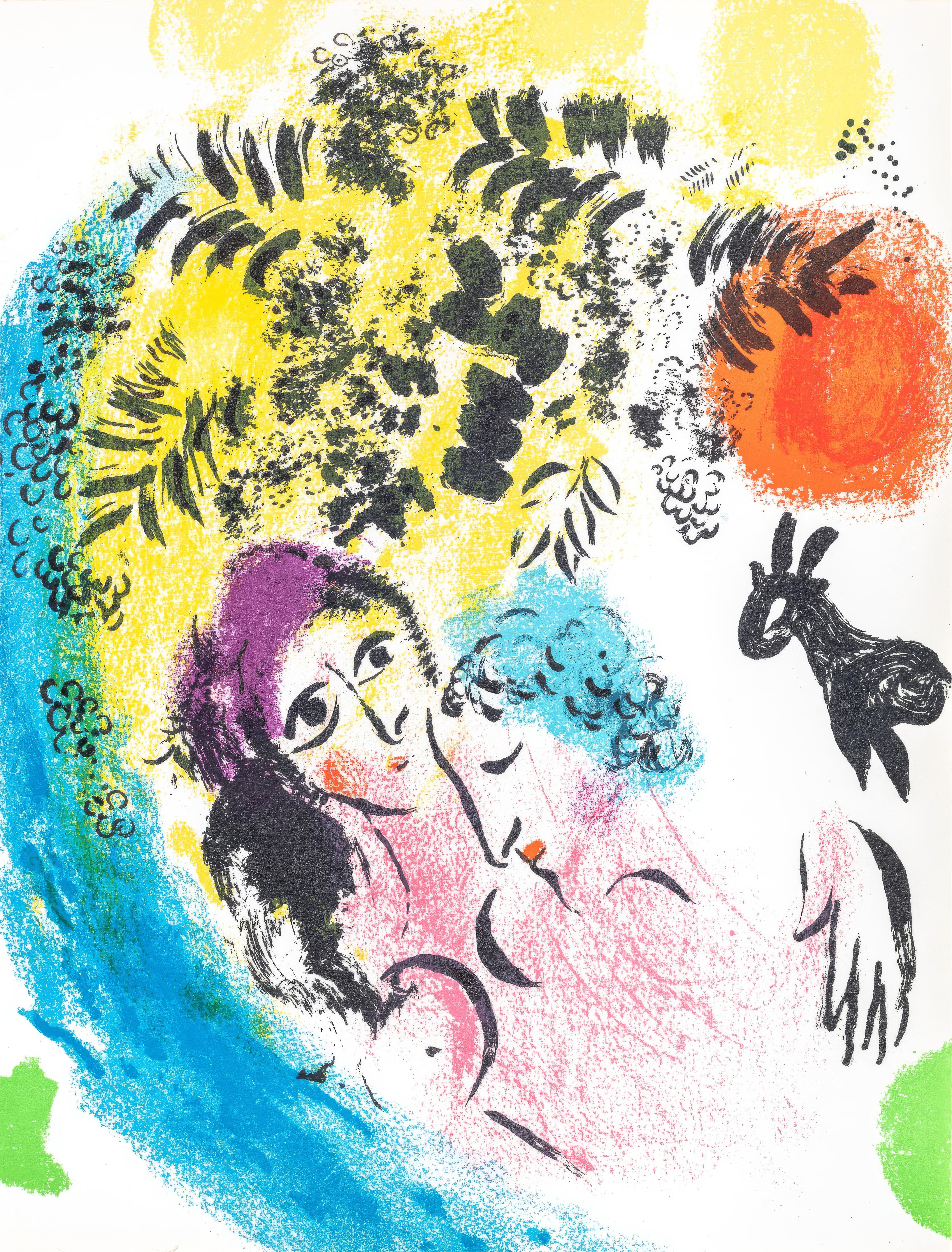 Diese exquisite Lithografie von Marc Chagall (1887-1985) mit dem Titel Les Amoureux au Soleil Rouge (Die Liebenden in der roten Sonne) aus Chagall Lithographe I (Chagall Lithographer I) stammt aus der Ausgabe vom Oktober 1960, herausgegeben von
