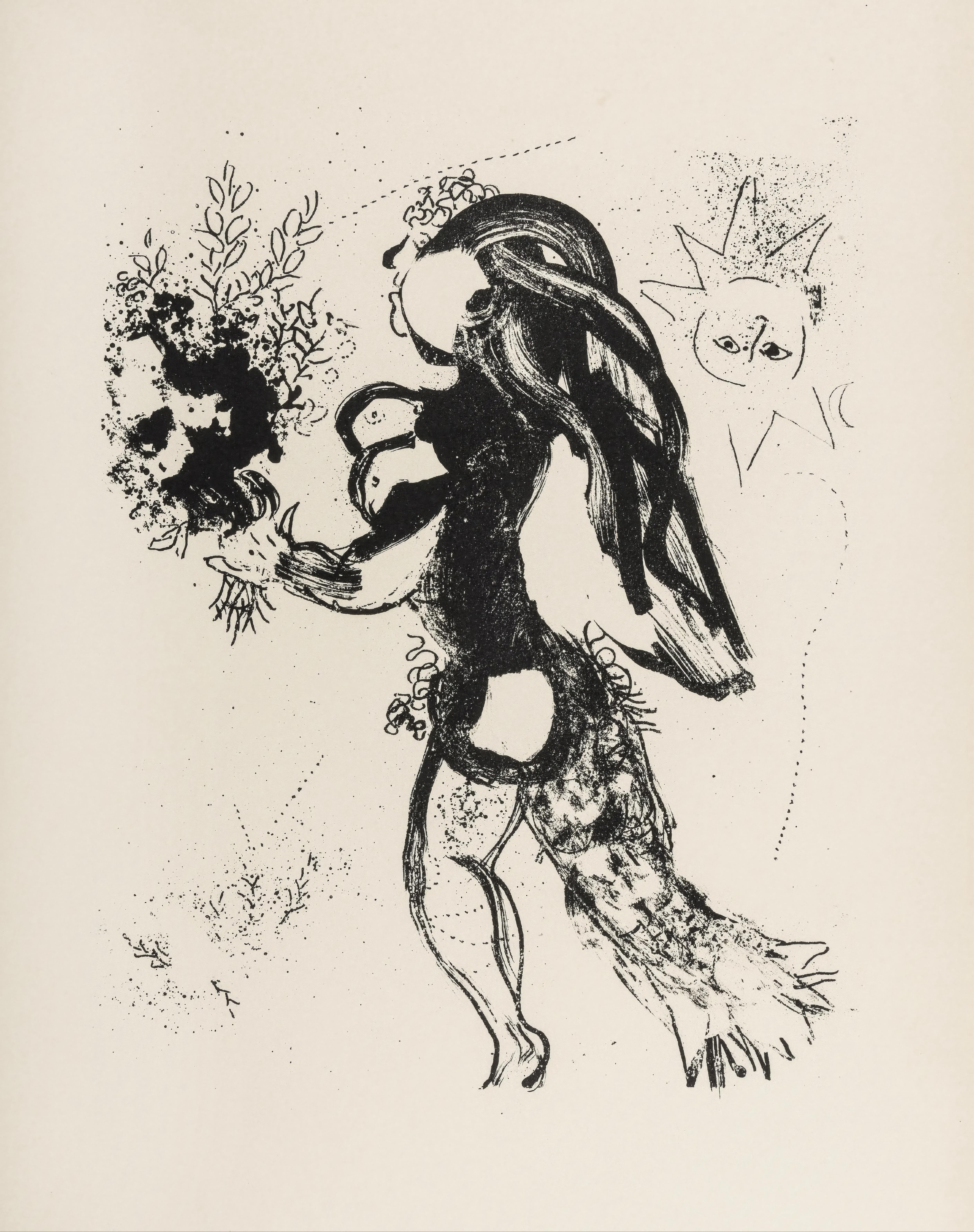 This exquisite lithograph by Marc Chagall (1887–1985), titled L'Offrande (The Offering), from Chagall Lithographe I (Chagall Lithographer I), originates from the October 1960 issue published by Andre Sauret, Editeur, Monte-Carlo, and printed by