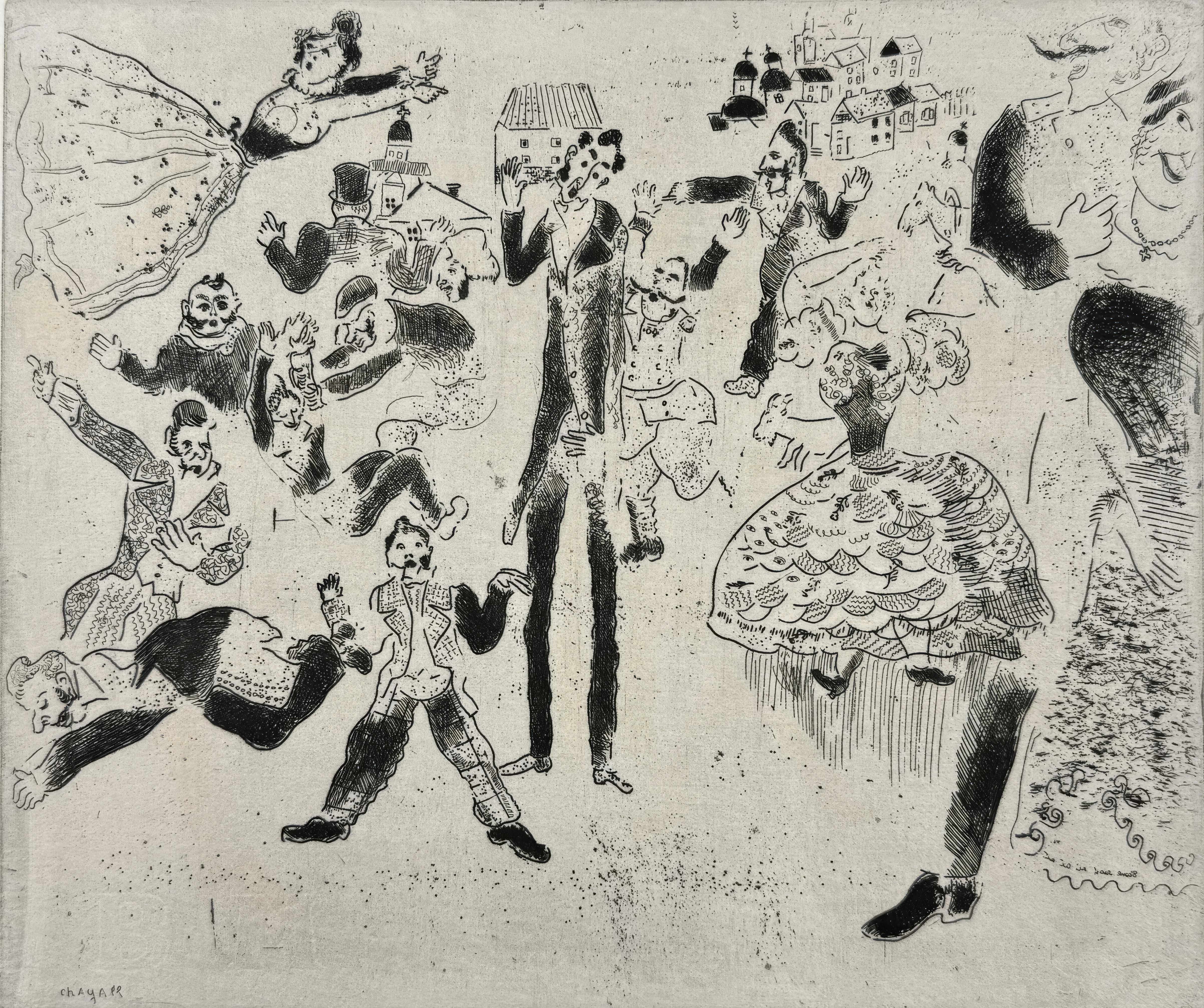 This exquisite etching by Marc Chagall (1887–1985), titled L'orgie degenere en rixe (The Orgy Degenerates into a Brawl), originates from the celebrated folio Nicolas Gogol, Les Ames mortes, Eaux-fortes originales de Marc Chagall (Nicolas Gogol, Dead