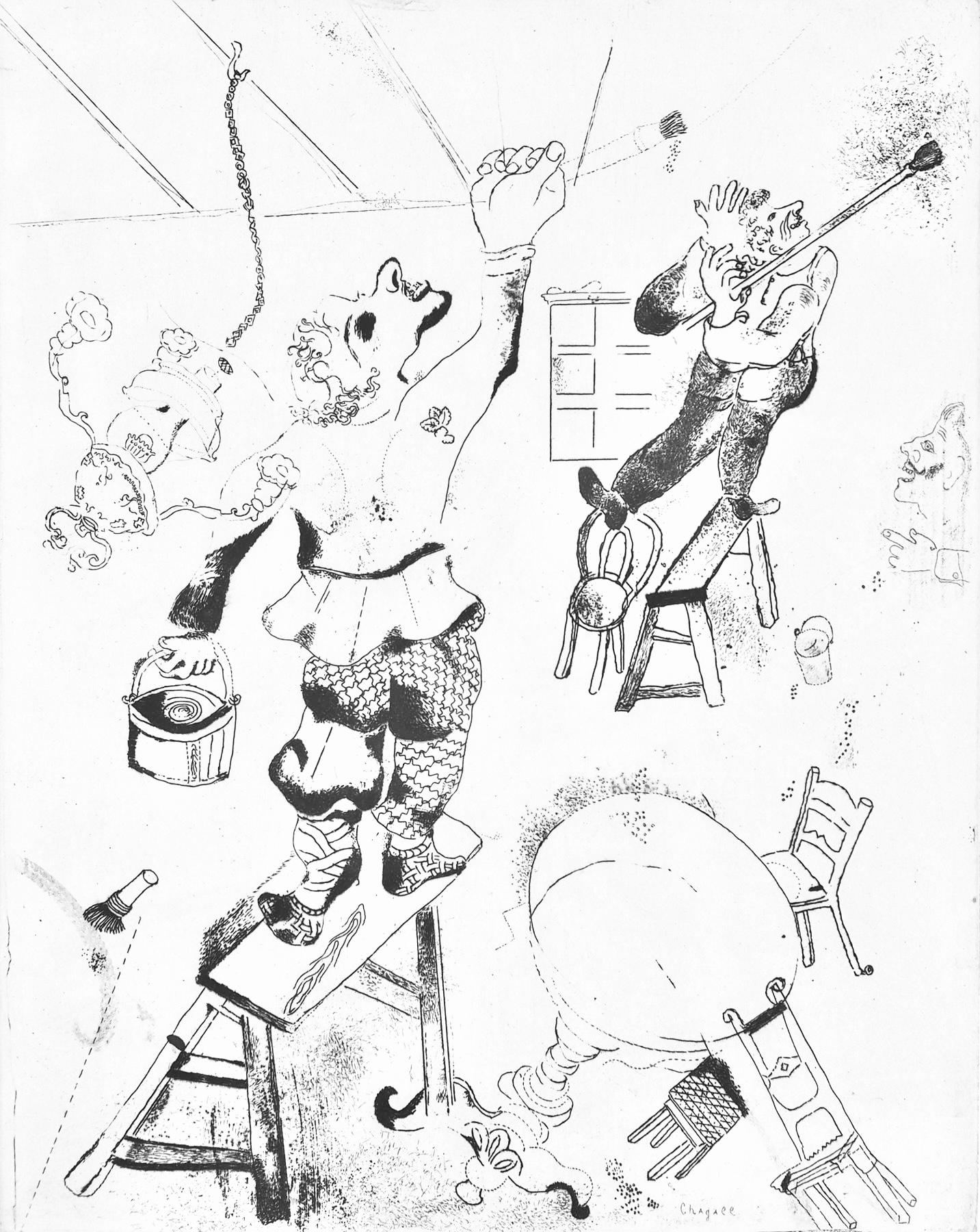 This exquisite etching by Marc Chagall (1887–1985), titled Les peintres (The Painters), originates from the celebrated folio Nicolas Gogol, Les Ames mortes, Eaux-fortes originales de Marc Chagall (Nicolas Gogol, Dead Souls, Original Etchings by Marc