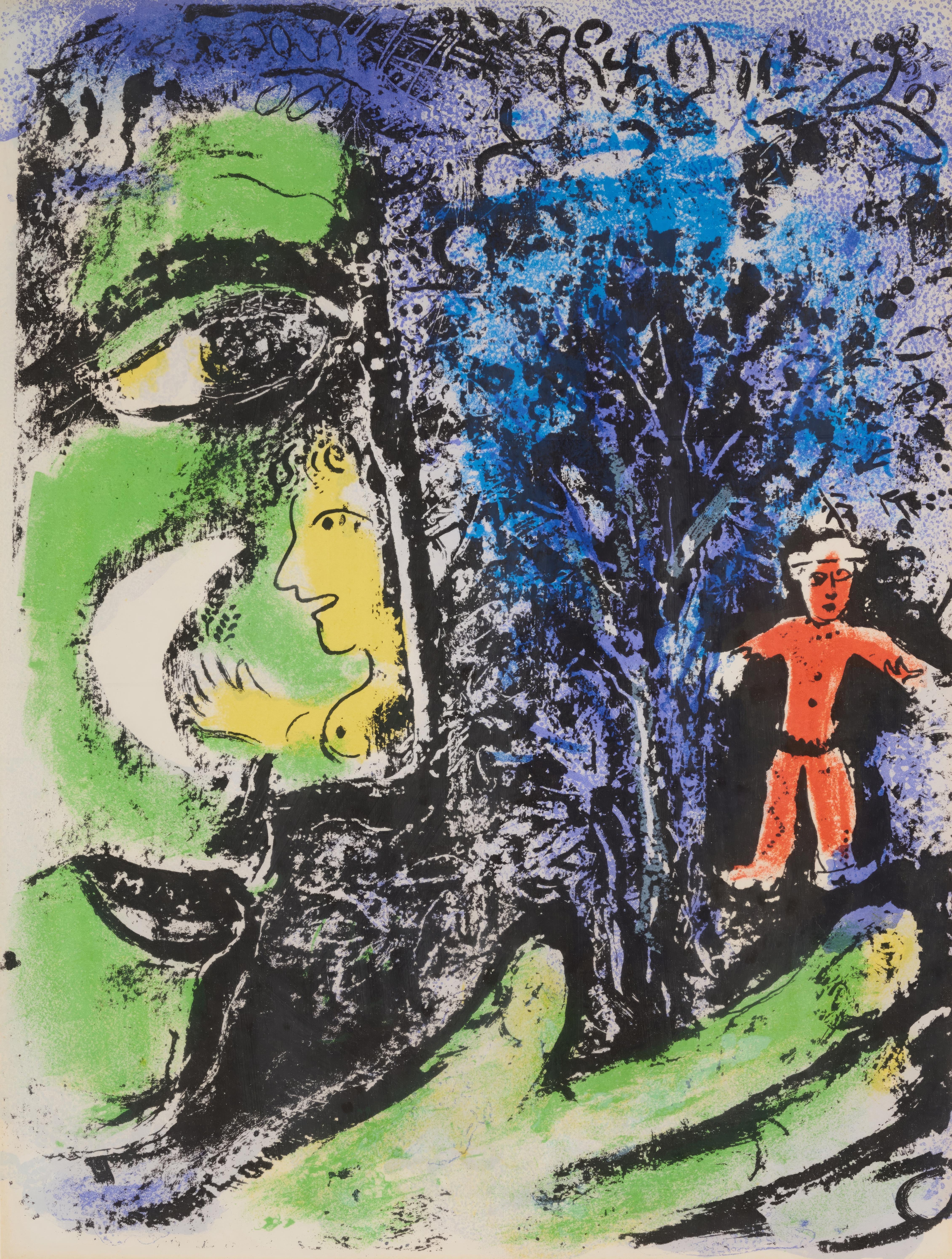 Diese exquisite Lithografie von Marc Chagall (1887-1985) mit dem Titel Le Profil et l'Enfant Rouge (Das Profil und das rote Kind) aus Chagall Lithographe I (Chagall Lithographer I) stammt aus der Ausgabe vom Oktober 1960, die von Andre Sauret,