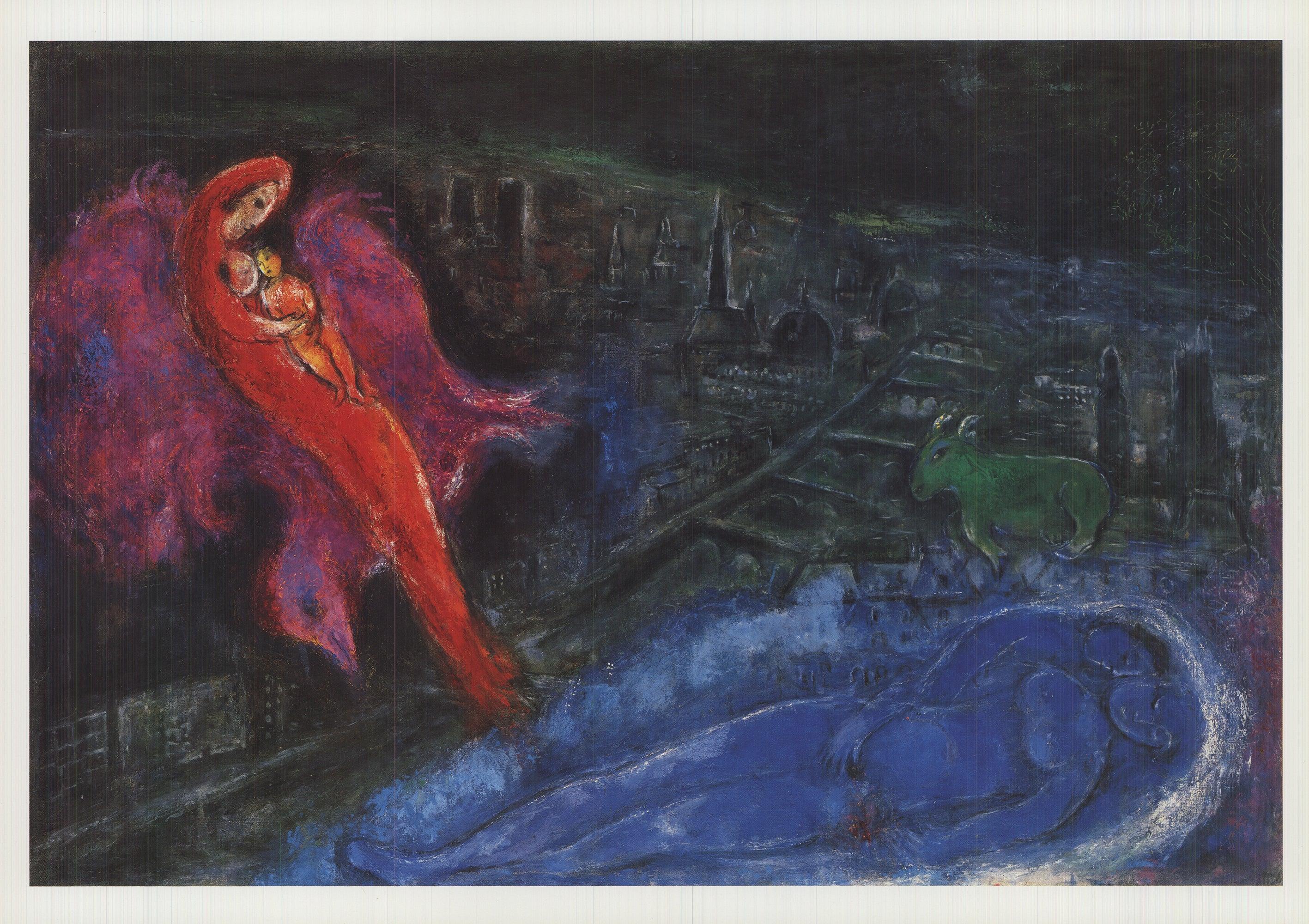 "Bridges of the Seine River" is an artwork included in the 1994 "Taschen Posterbook: Chagall" portfolio, published by Taschen and printed in Germany. This image, like others in the collection, showcases Marc Chagall’s signature blend of vibrant