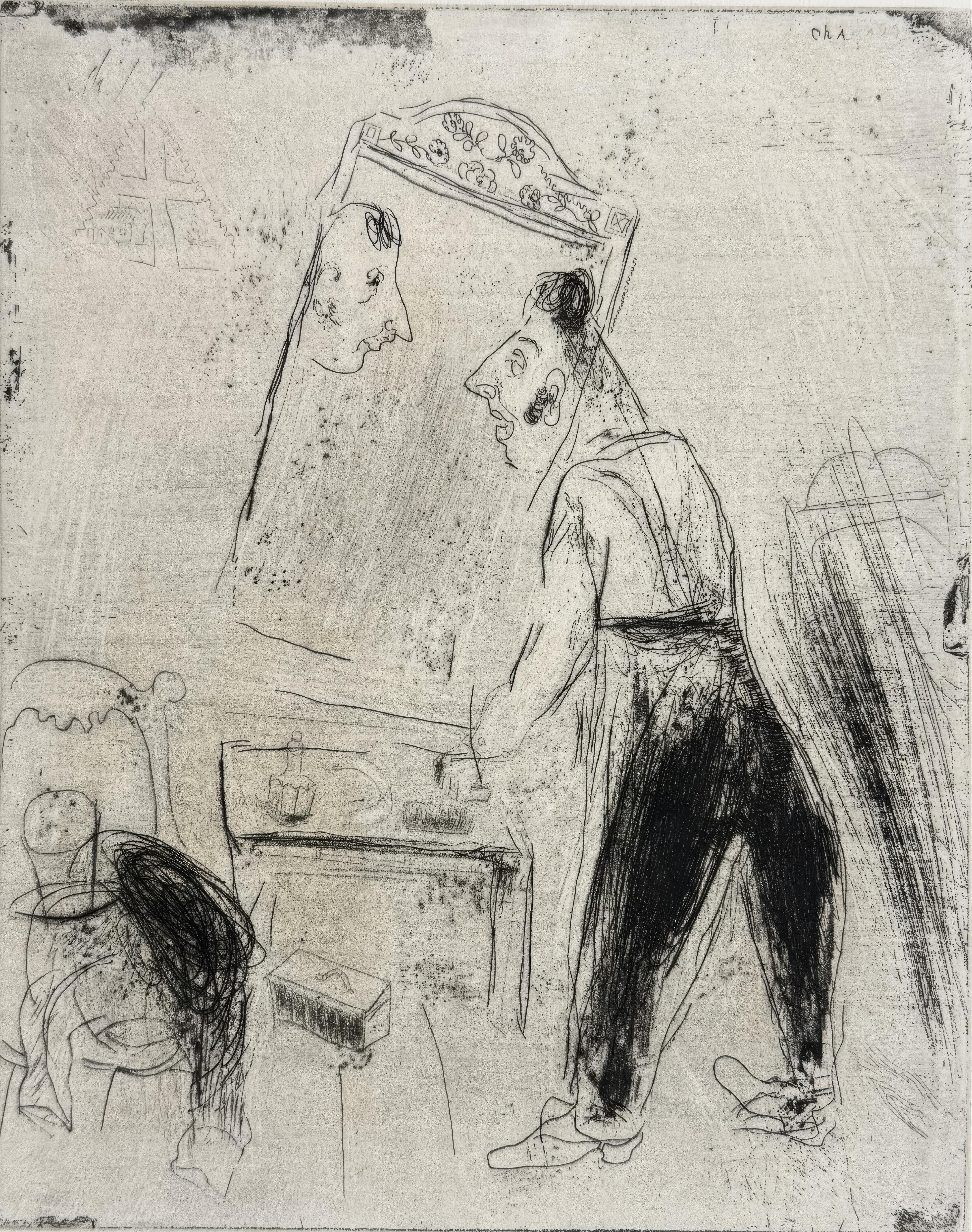 This exquisite etching by Marc Chagall (1887–1985), titled La toilette de Tchitchikov (The Toilette of Tchitchikov), originates from the celebrated folio Nicolas Gogol, Les Ames mortes, Eaux-fortes originales de Marc Chagall (Nicolas Gogol, Dead