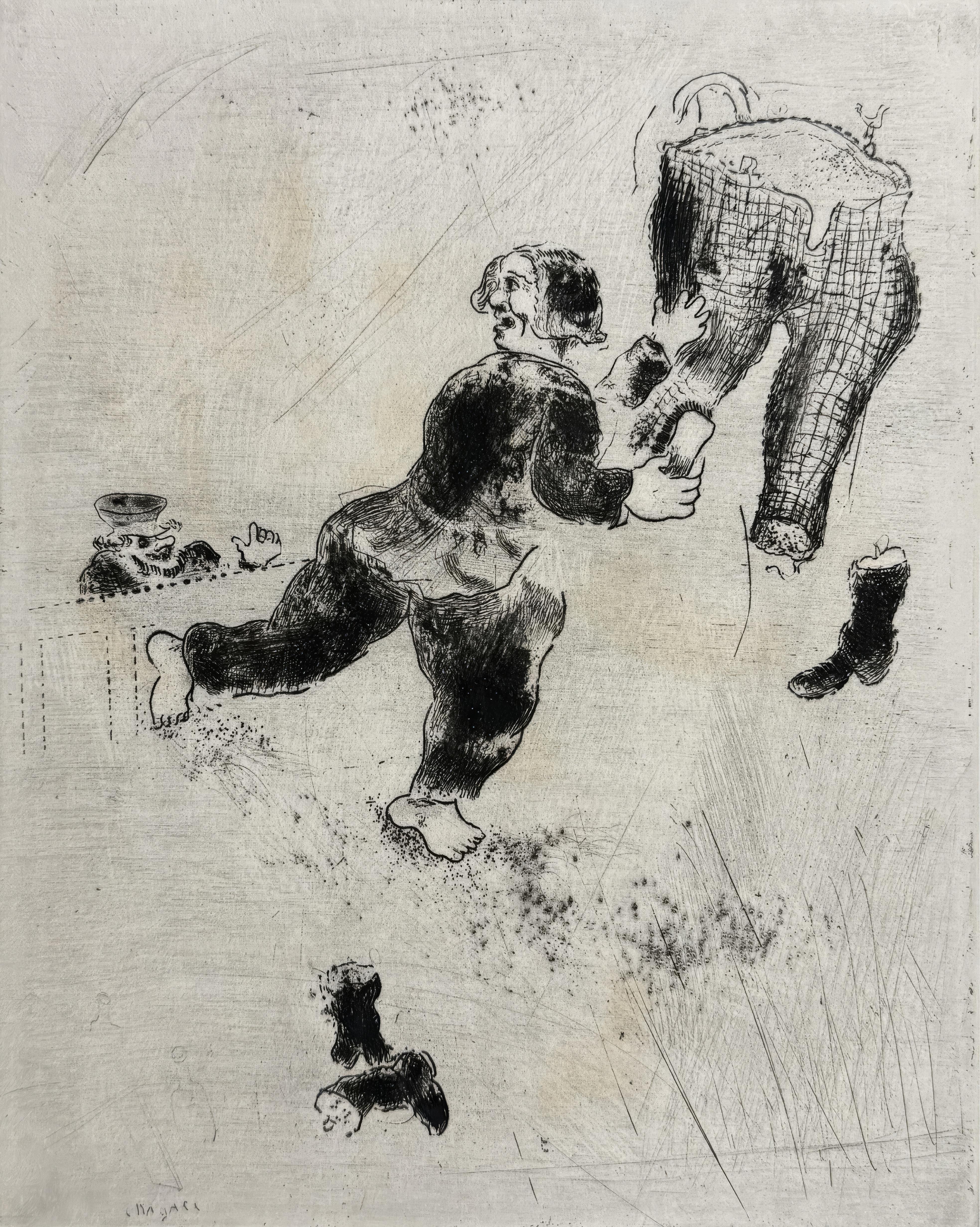This exquisite etching by Marc Chagall (1887–1985), titled On nettoie les pantalons (They Clean the Trousers), originates from the celebrated folio Nicolas Gogol, Les Ames mortes, Eaux-fortes originales de Marc Chagall (Nicolas Gogol, Dead Souls,