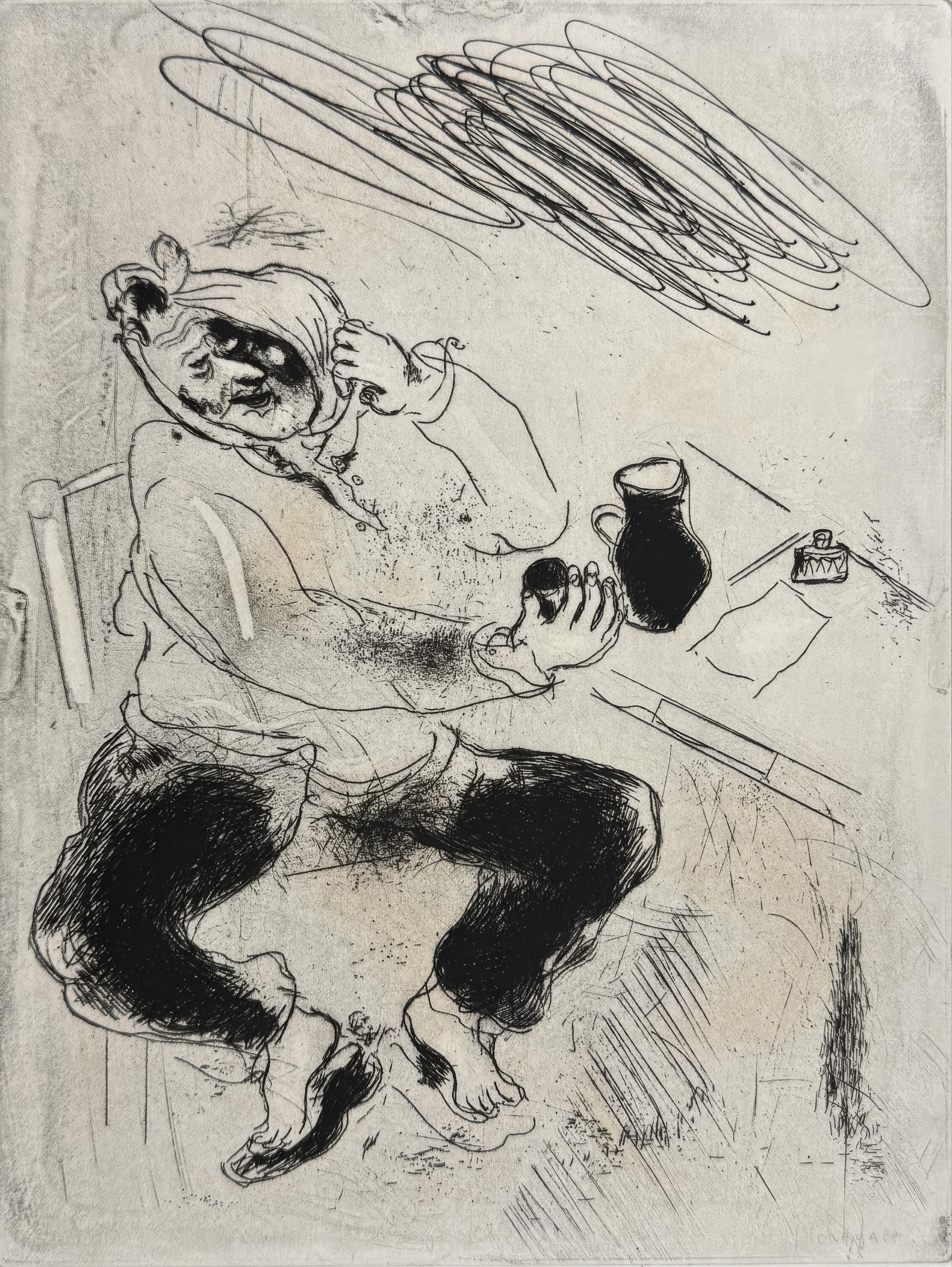 This exquisite etching by Marc Chagall (1887–1985), titled Mal de dents (Toothache), originates from the celebrated folio Nicolas Gogol, Les Ames mortes, Eaux-fortes originales de Marc Chagall (Nicolas Gogol, Dead Souls, Original Etchings by Marc