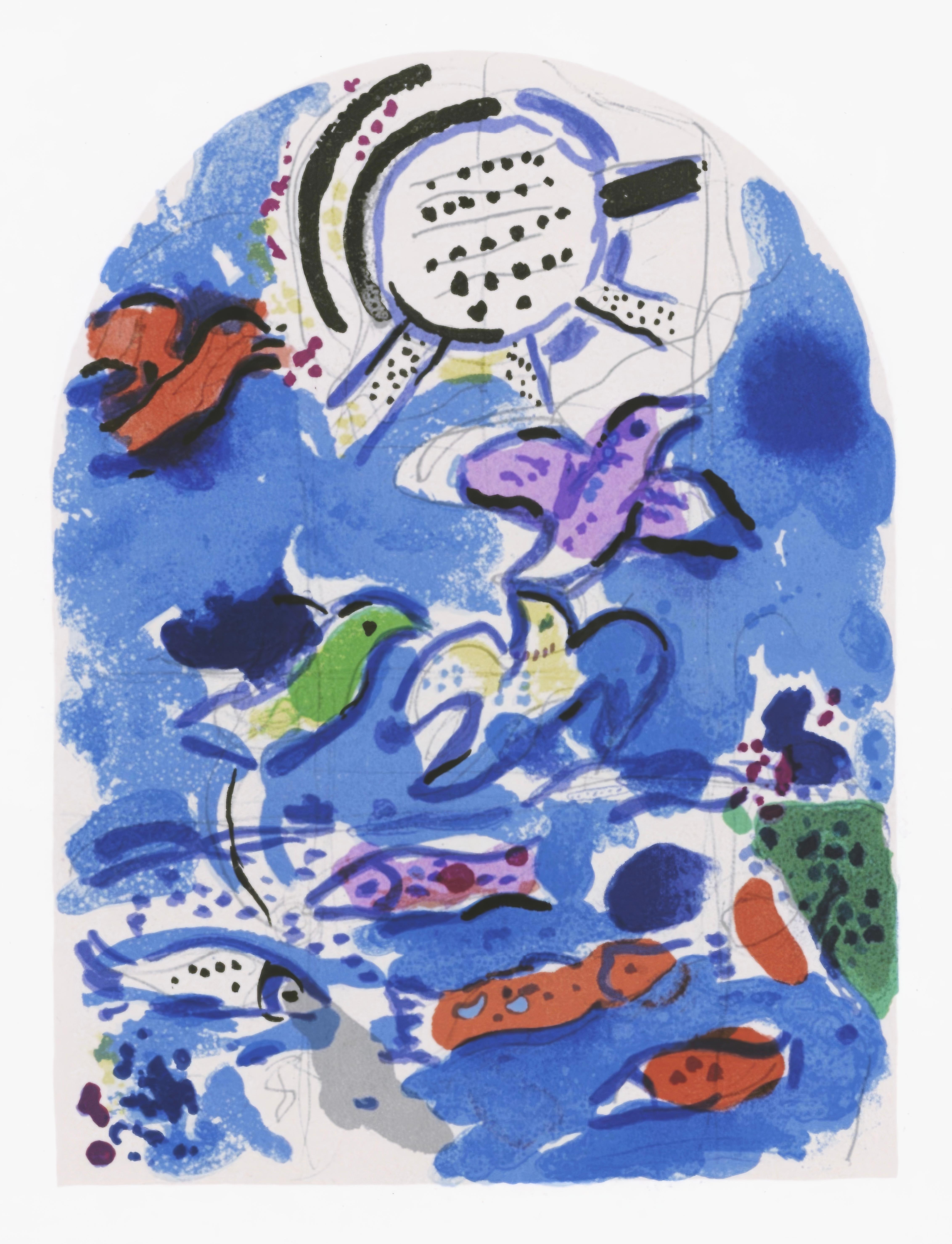 This exquisite lithograph after Marc Chagall (1887–1985), titled Tribe of Reuben, from the album Marc Chagall, The Jerusalem Windows, originates from the 1962 edition published by Andre Sauret, Editeur, Paris, and printed by Mourlot Freres, Paris,