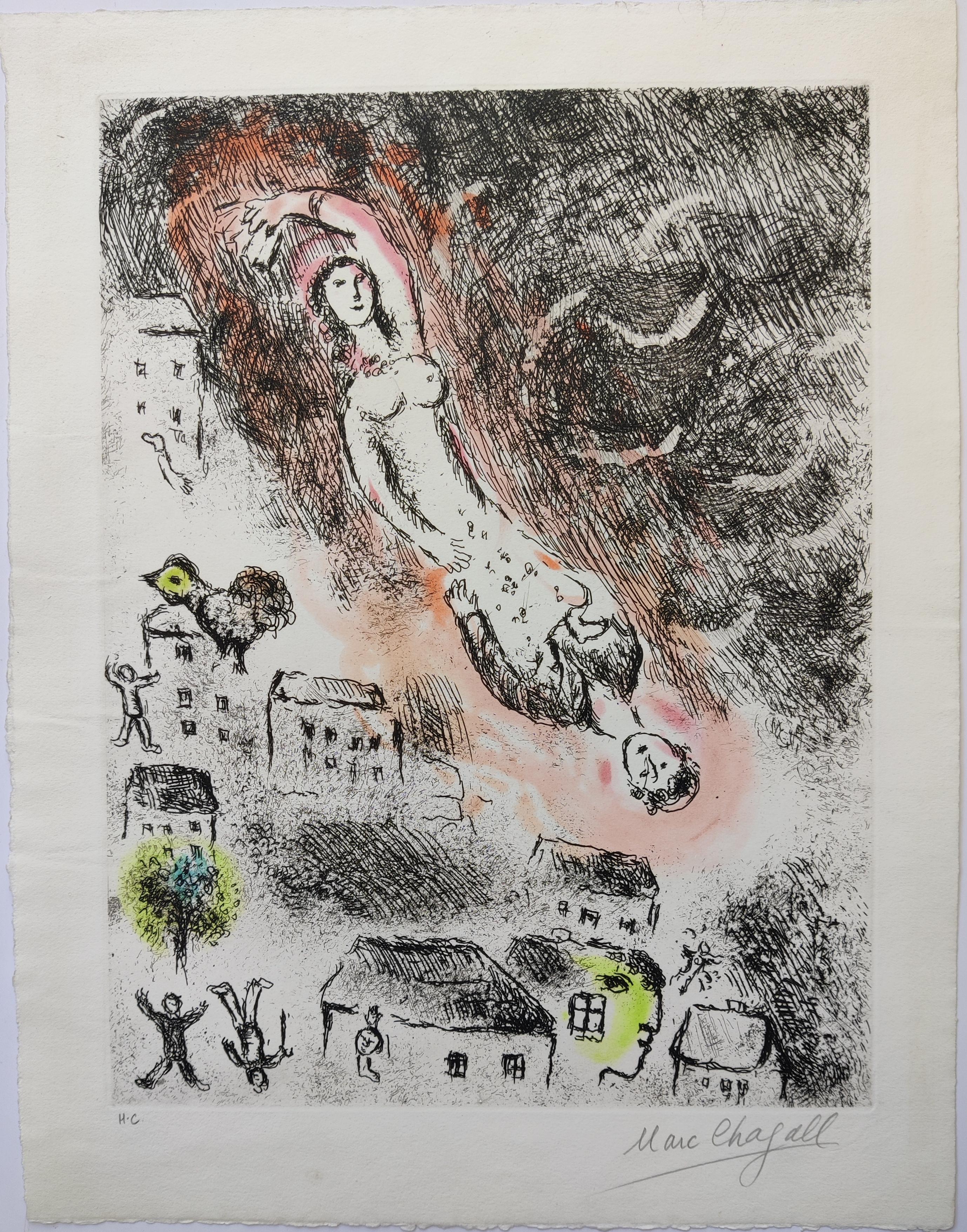 Marc Chagall 
Untitled (from the Louis Aragon: Celui qui dit les choses sans rien dire suite), 1975 / 1976
etching and aquatint in colors on wove paper
Image size: 40 × 30 cm
Sheet size: 47 × 36 cm
Hand Signed lower right 
Inscribed HC apart from
