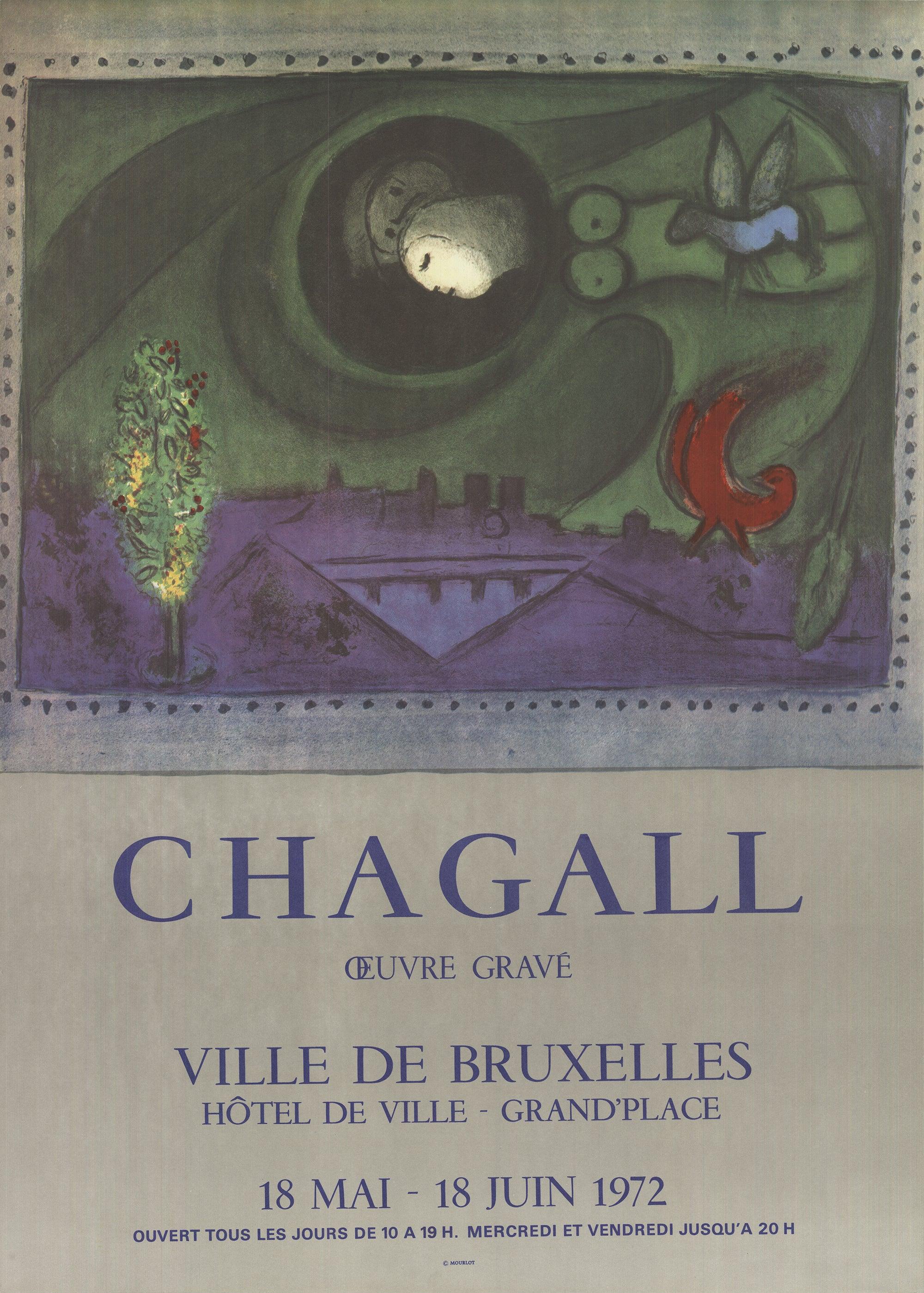 Paper Size: 28.5 x 20.5 inches ( 72.39 x 52.07 cm )
Image Size: 17 x 20.5 inches ( 43.18 x 52.07 cm )
Framed: No
Condition: A: Mint
Additional Details: Exhibition poster created by Chagall for an exhibtion held In Brussels, Belgium in 1972. Edition