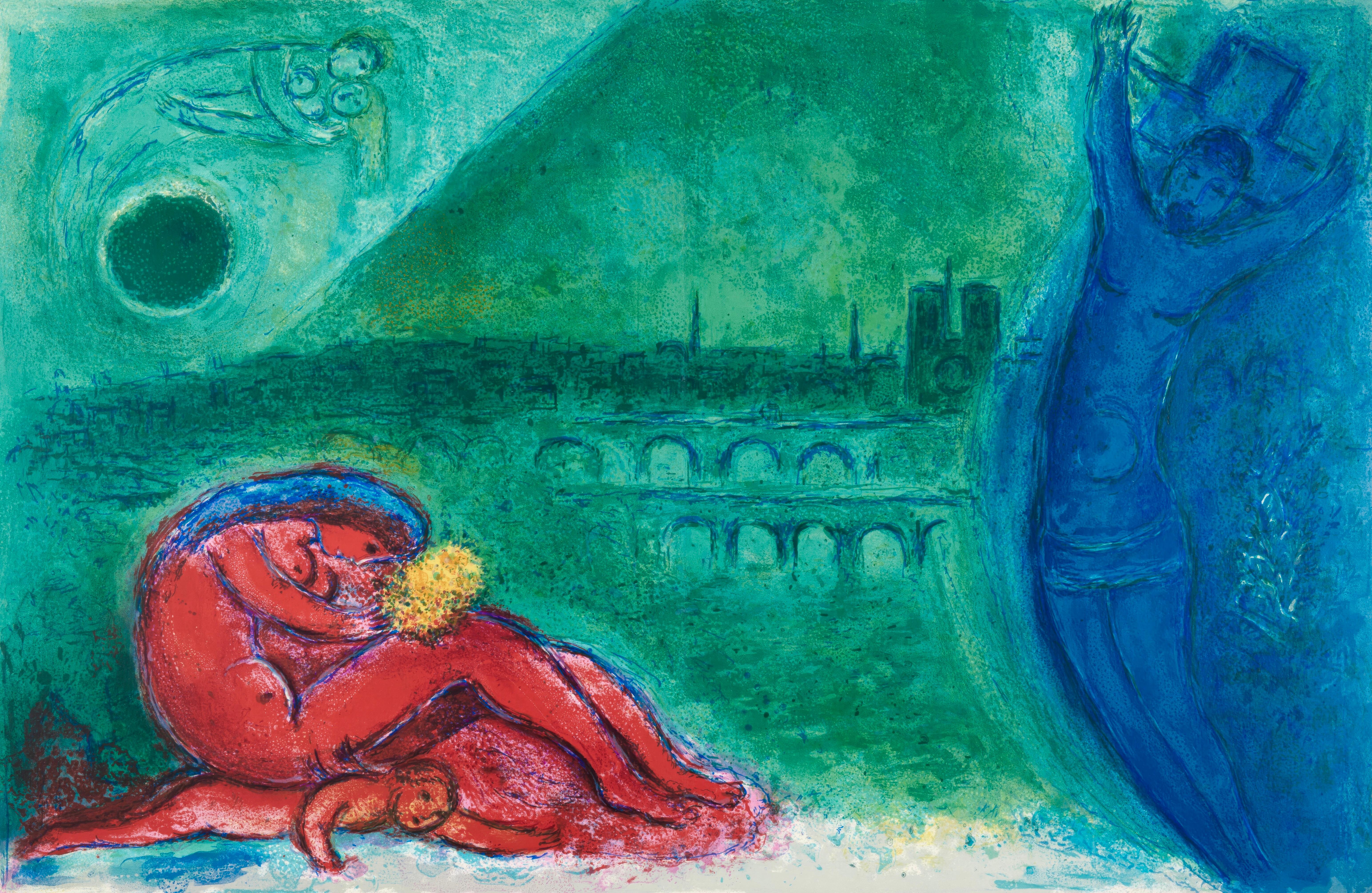 Questa splendida litografia di Marc Chagall (1887-1985), intitolata Quai de la Tournelle (Molo della Piccola Torre), tratta da Regards Sur Paris (Vedute di Parigi), proviene dal numero del 22 gennaio 1963 pubblicato da Andre Sauret, Editeur, Parigi,
