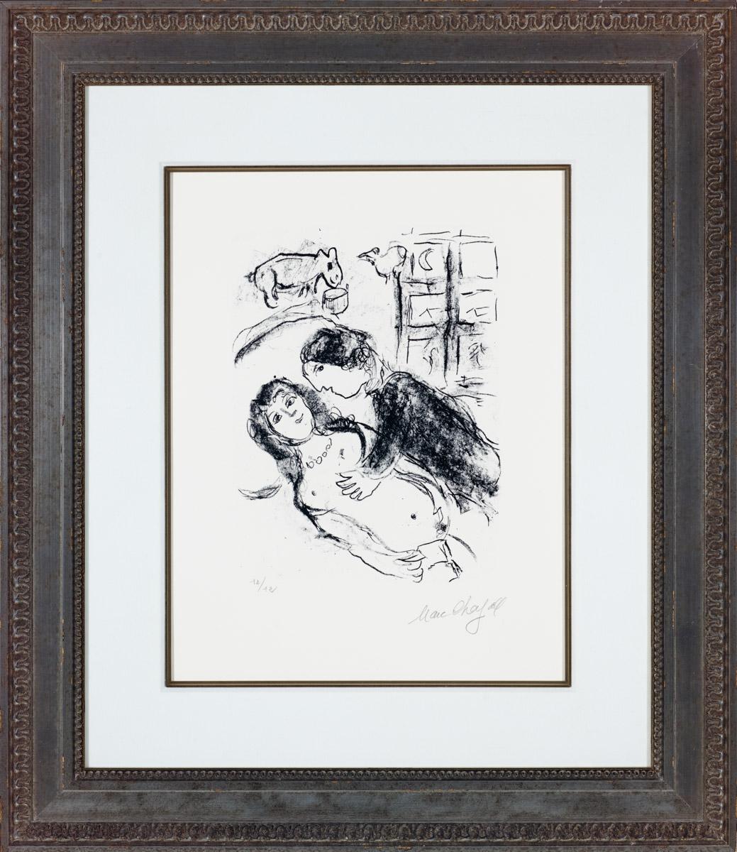 Marriage is a lithograph on paper with an image size of 13.25 x 10 inches, signed 'Marc Chagall' lower right and annotated lower left. From the edition of 62, numbered 12/12 from the artist proofs printed in black ink only (there were also 50 arabic