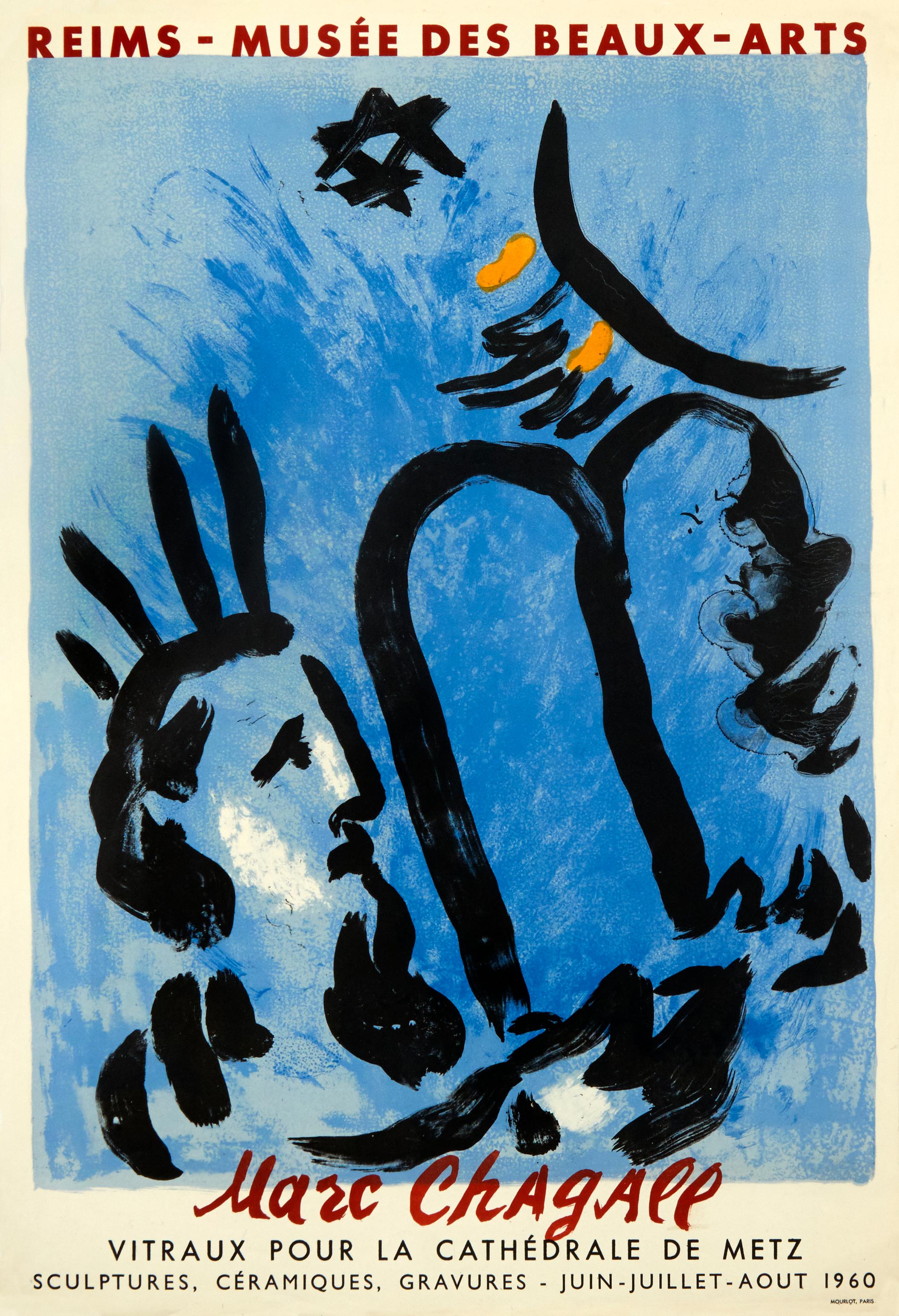 "Wenn ich mit dem Herzen schaffe, funktioniert fast alles, wenn mit dem Kopf, fast nichts." - Marc Chagall

Dieses originale lithografische Plakat wurde 1960 von Marc Chagall für eine Ausstellung zu Ehren seiner Glasfenster in der Kathedrale von