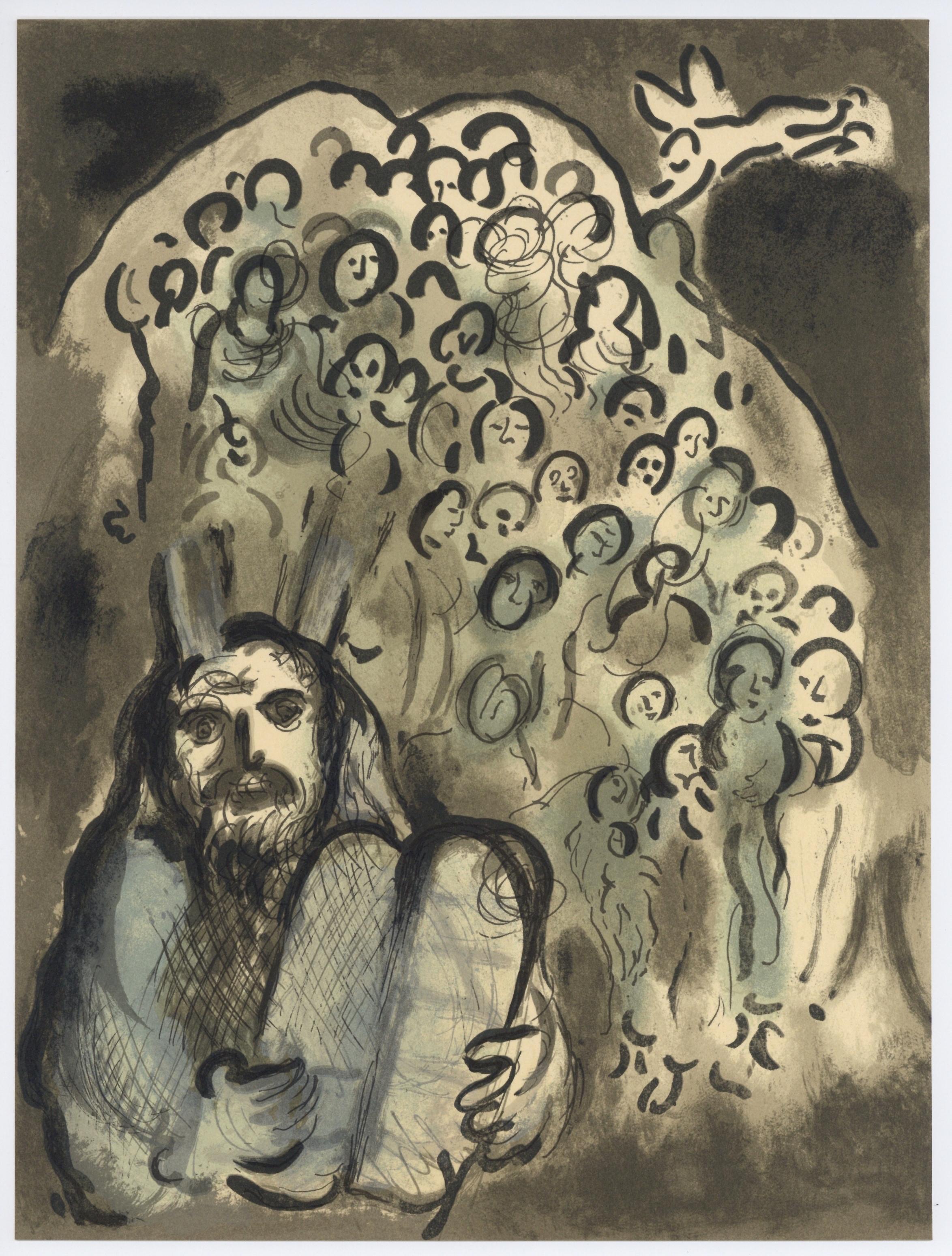 Portrait Print Marc Chagall - "Moïse et son peuple" lithographie originale