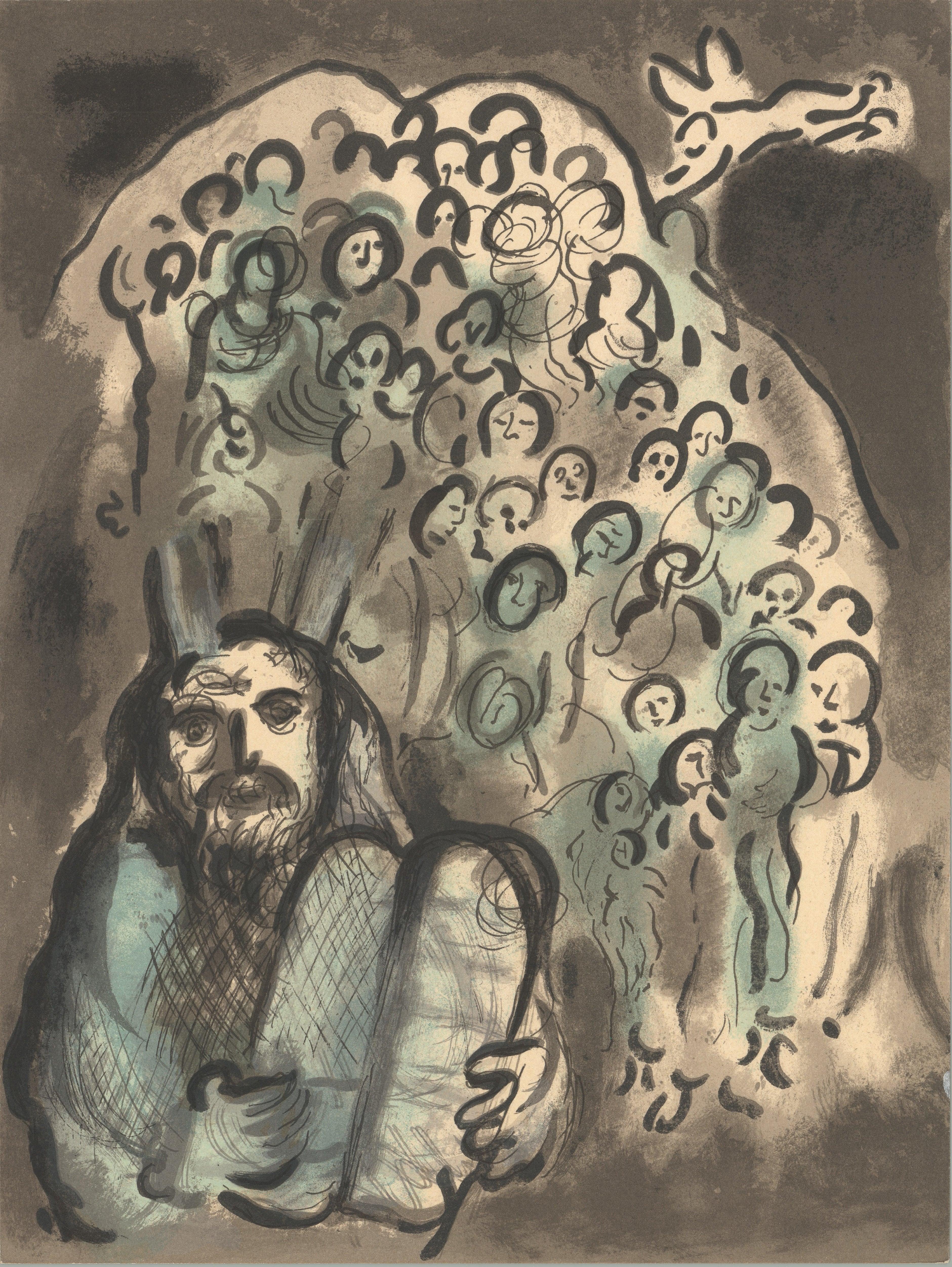 Cette lithographie évocatrice de Marc Chagall, intitulée Moïse et les tablettes, a servi de frontispice pleine page au livre Le message biblique. Elle est référencée comme n° 689 dans Lithographies IV (1969-1973), le catalogue raisonné de Charles