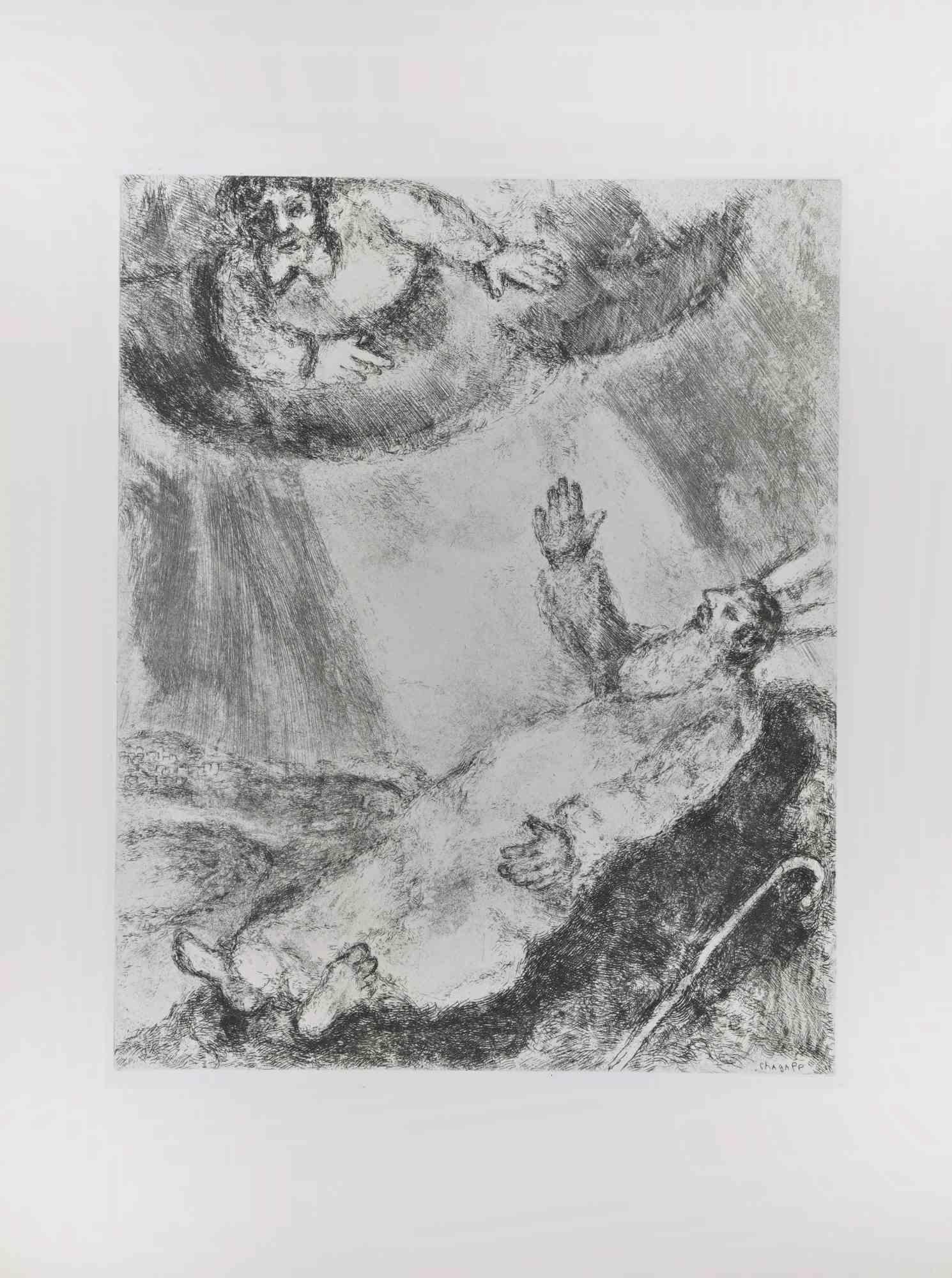 Etching on Montval wove paper, realized by Marc Chagall in 1931-39 and published by Tériade in 1956.

Belongs to the series "The Bible".

Edition of 275+30 out of commerce copies.

Not signed nor numbered, as issued.

Excellent impression with full