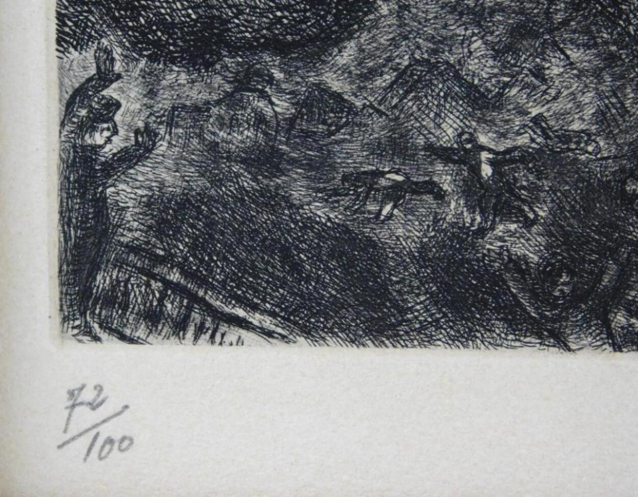 Marc Chagall, 1887-1985 (Russian, French)
Moses Ordering the Plague of Darkness over Egypt 1956, From bible 1931-1939
Etching with watercolor
signed lower right, numbered '72/100' lower left
Printed by Tariade
DIMENSIONS: Image H: 16.12