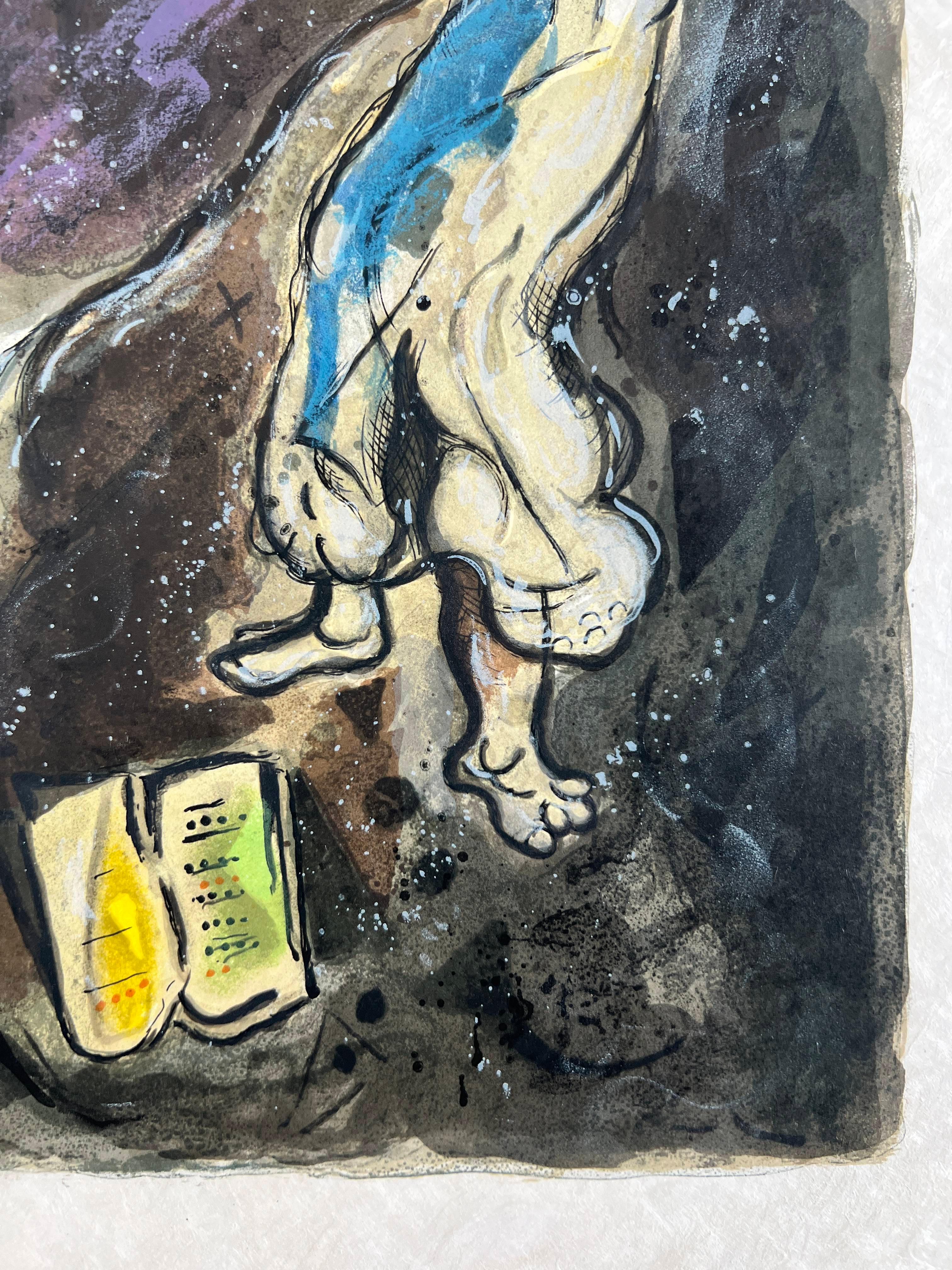 Marc Chagall (1887-1985) -  Moses wrath waxed hote, and he cast the Tables out of his handes, and brake them in pieces beneath the mountaine

Lithograph from 1966.

The edition of 20 on Japanese paper.

Dimensions of work: 49.5 x 36 cm.

Publisher: