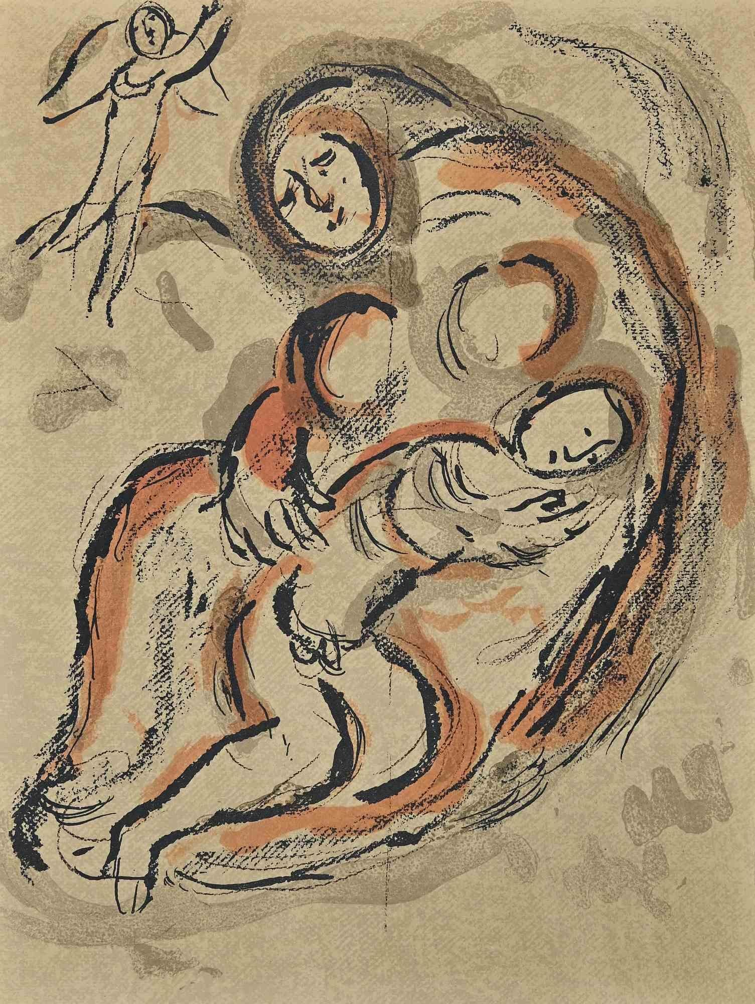 Plate from "The Bible" is a Lithograph realized by the publisher Tériade after Marc Chagall in 1960.

Mixed colored lithograph on brown-toned paper, good condition, no signature.

The artwork is from the series "The Bible".

Mixed colored lithograph