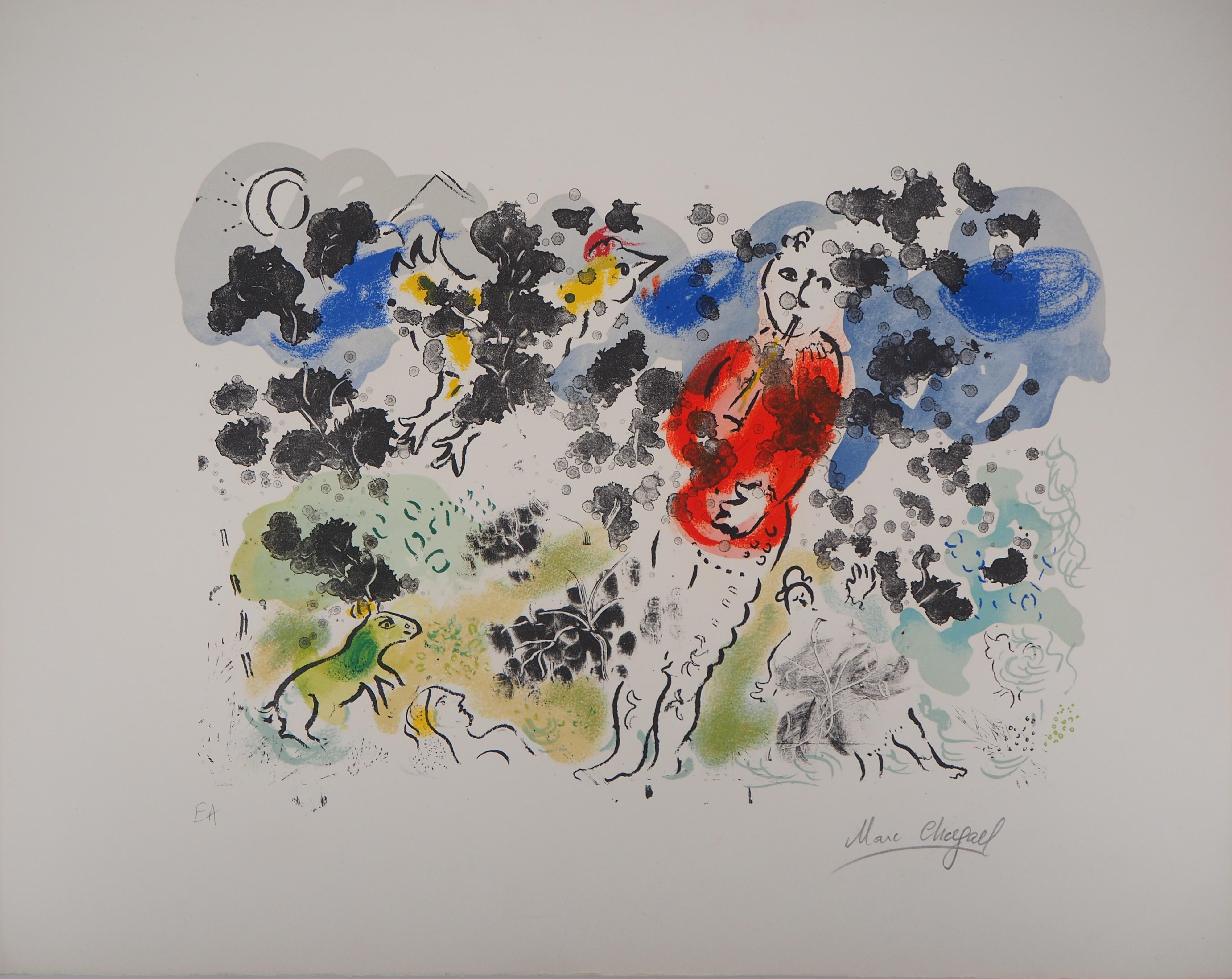 Marc Chagall Figurative Print - The Clown and the Flute I - Original lithograph, Hand Signed (Mourlot #615)