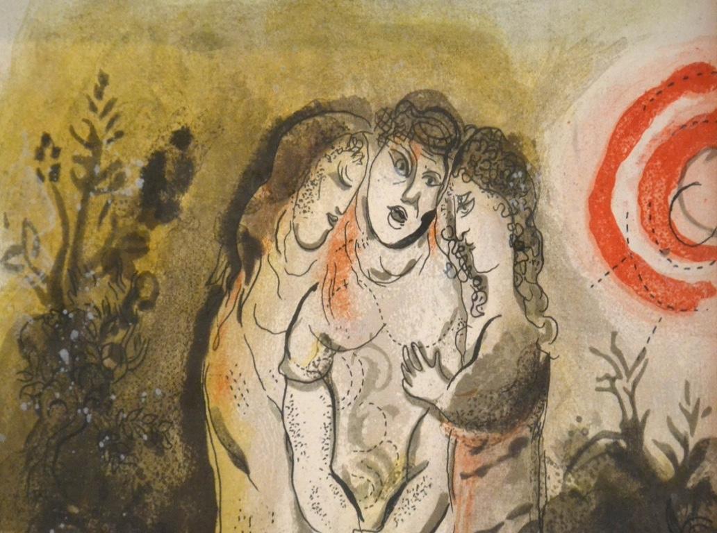 Naomi and Her Daughters-in-Law is a colored lithograph realized by Marc Chagall in 1960.

This artwork is one of the lithographs realized for the series  Illustrations for the Bible ,  Éditions de la Revue Verve, Teriade, Paris 1960.

Very good