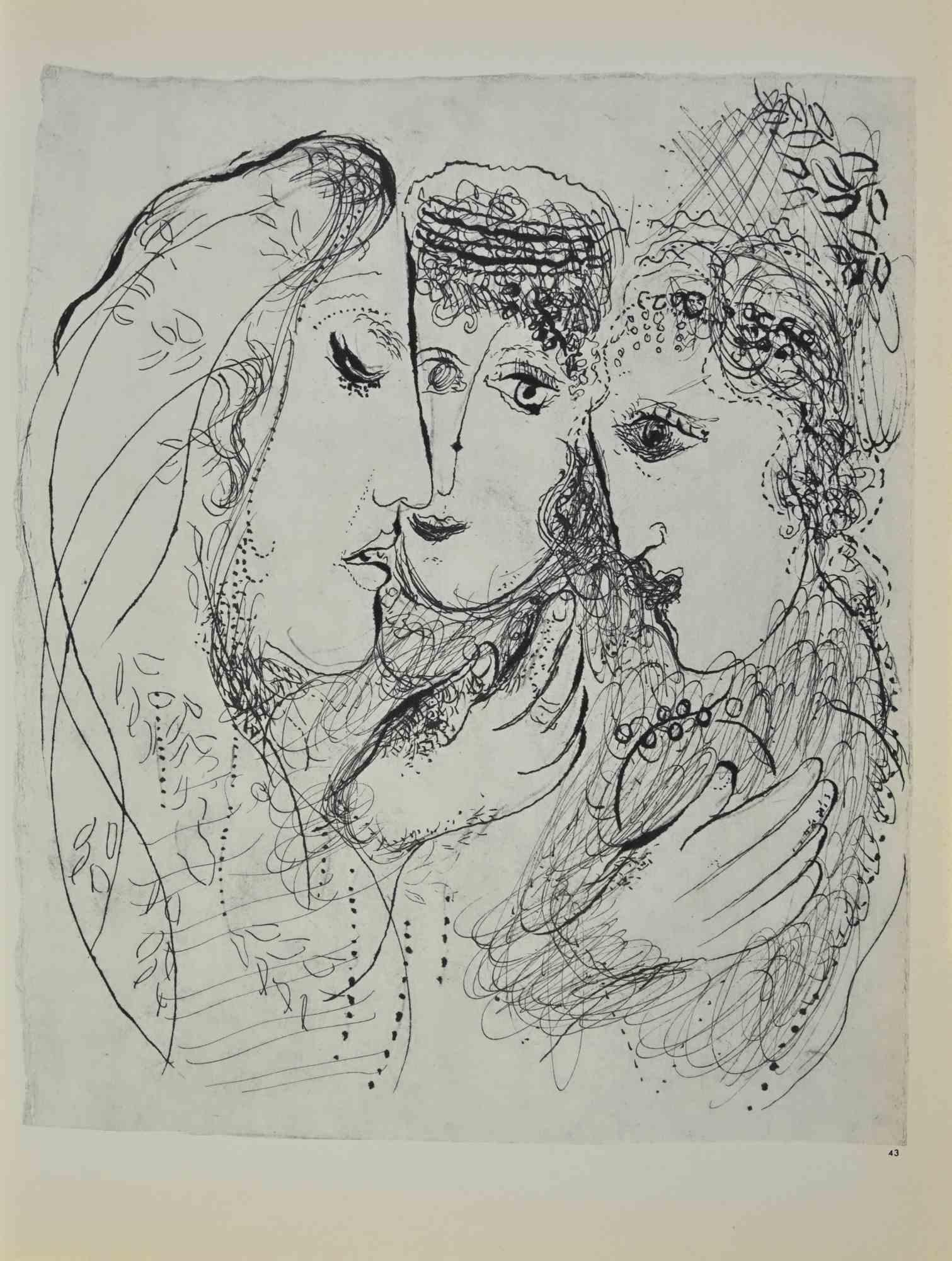 Naomi et sus Brus  is an artwork realized by March Chagall, 1960s.

Lithograph on brown-toned paper, no signature.

Lithograph on both sheets.

Edition of 6500 unsigned lithographs. Printed by Mourlot and published by Tériade, Paris.

Ref. Mourlot,