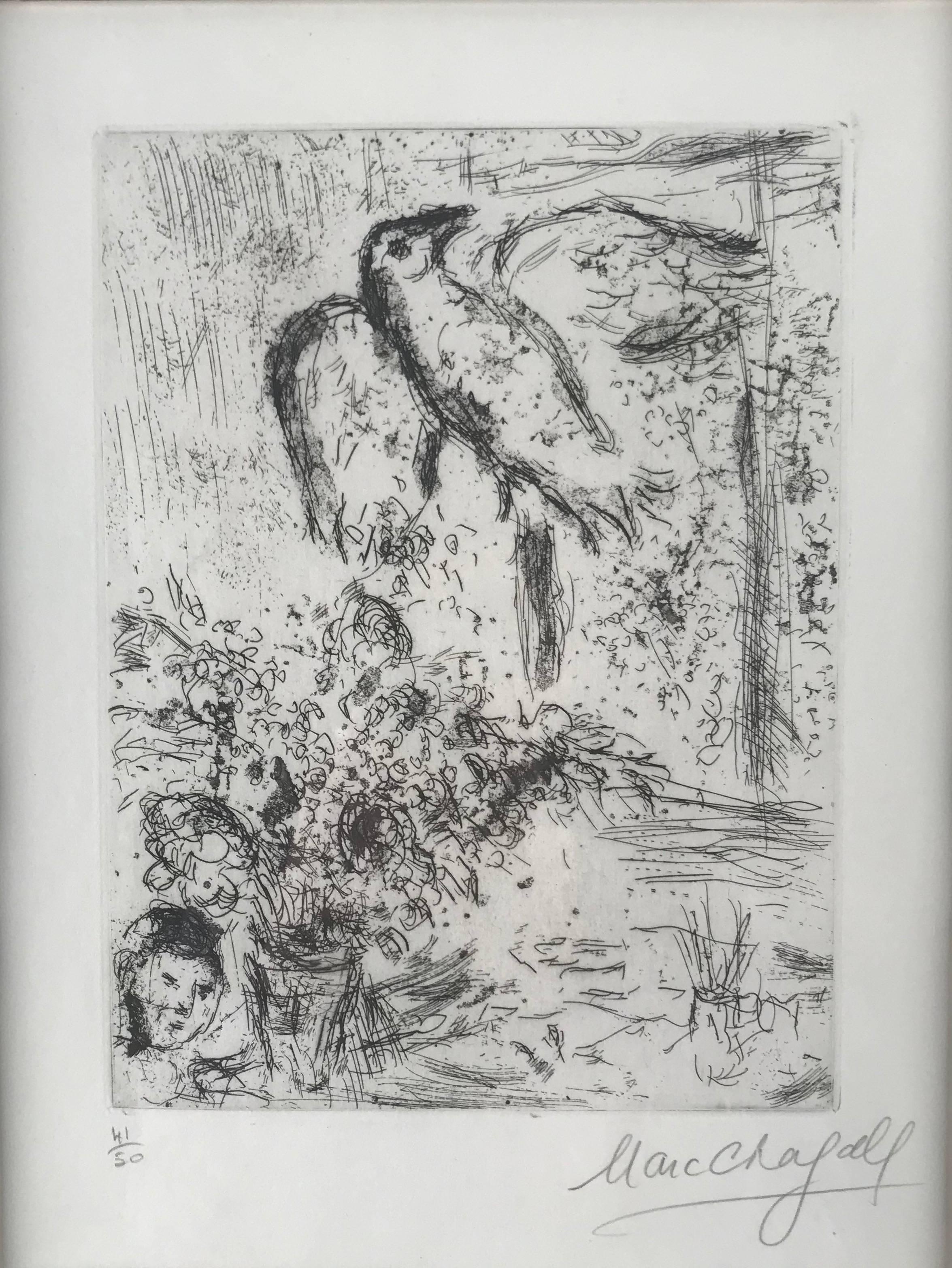 This piece is an original etching and aquatint done by Marc Chagall in 1968.  Of all the reoccurring themes in Chagall's work, the subject he harkens back to most is life itself, both simplistically and hidden in complexity. This piece is hand