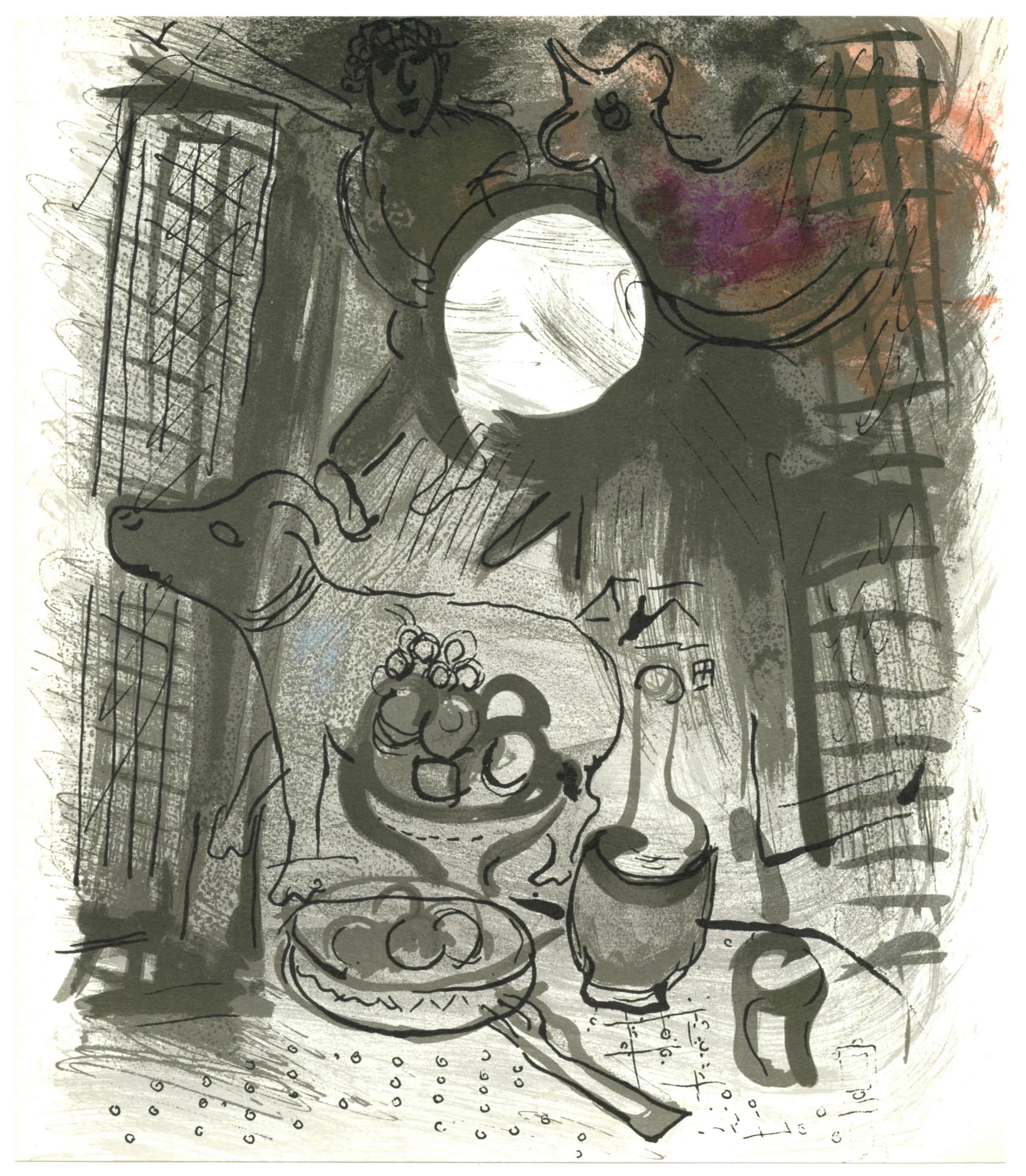 Litografia su carta vélin. Formato carta: 9,06 x 7,875 pollici. Iscrizione: Non firmato e non numerato, come emesso. Catalogo ragionato: Marc Chagall e Julien Cain. Chagall Lithographe. André Sauret, Éditeur, 1960, illustrazione 205. Cramer, Patrick