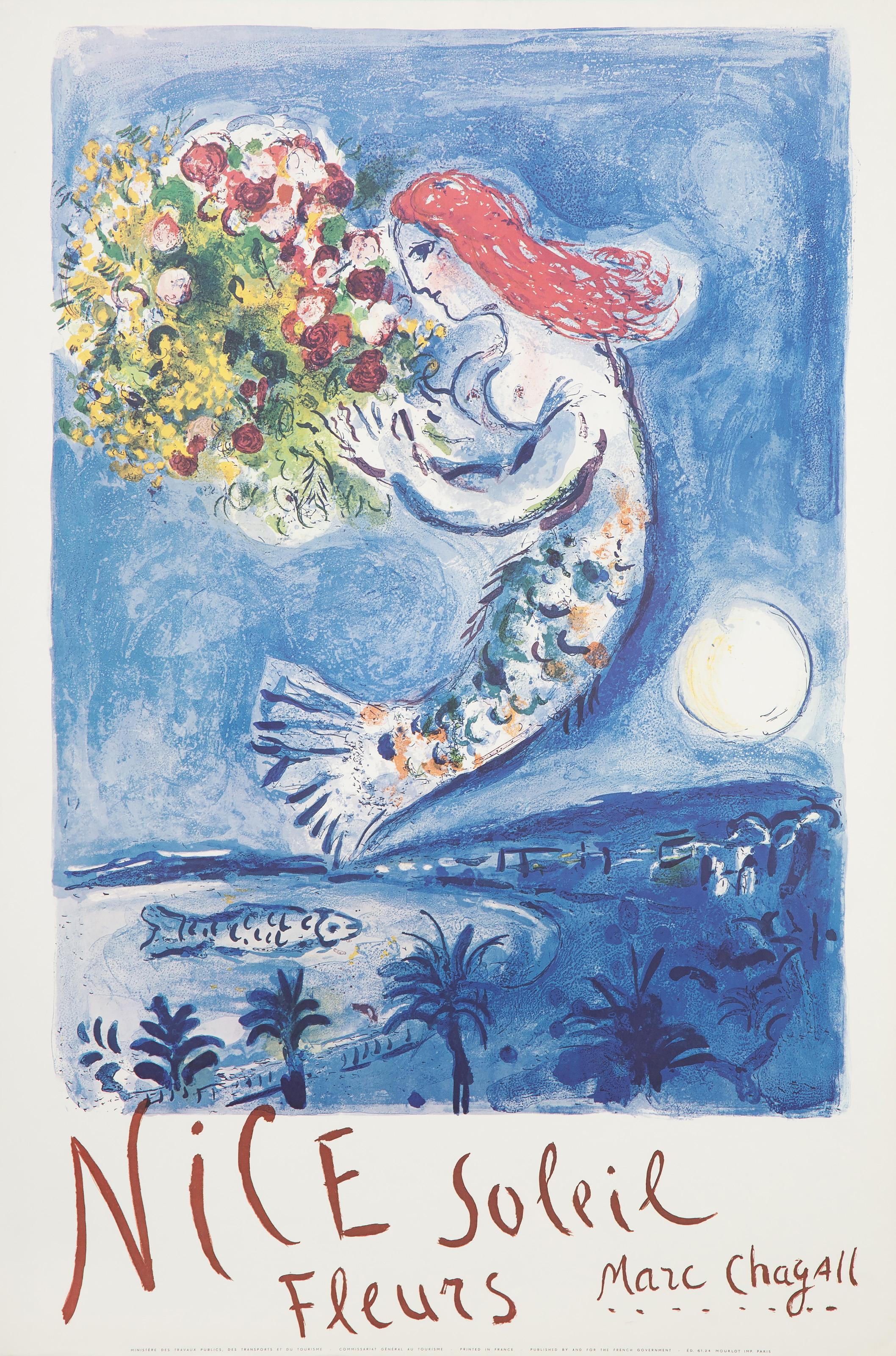 Marc Chagall, Après, Russe (1887 - 1985) -  Nice Soleil Fleurs (La Baie des Anges). Année : circa 1970, Médium : Affiche lithographique offset, Dimensions : 38 x 25.5 in. (96.52 x 64.77 cm), Imprimeur : Mourlot, Éditeur : Gouvernement français 