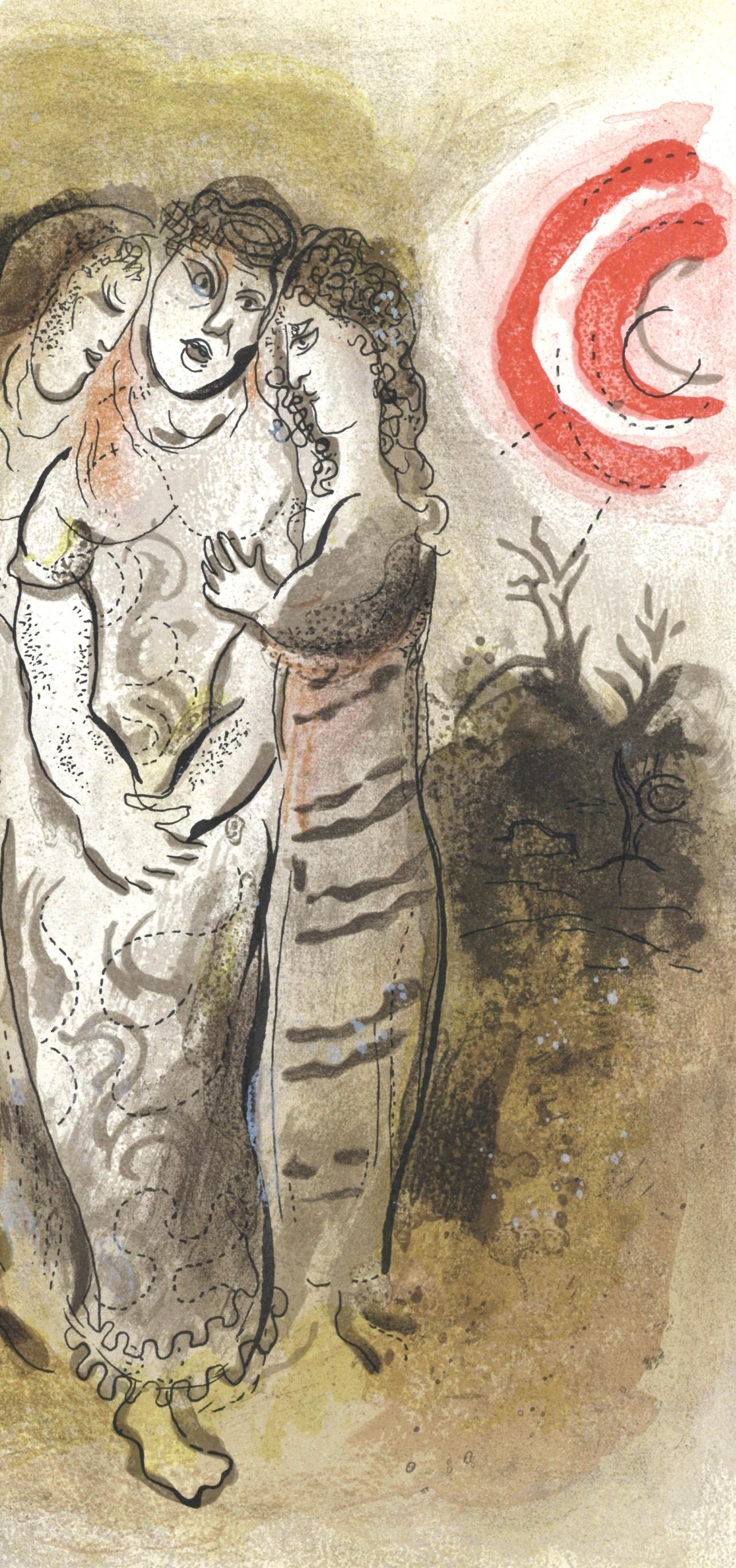 Noémie et ses Belles-Filles (Mourlot 230-77; Cramer 42), Dessins Pour La Bible - Brown Landscape Print by Marc Chagall