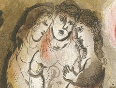 20e siècle lithographie en couleurs trois femmes soleil rouge plantes animaux