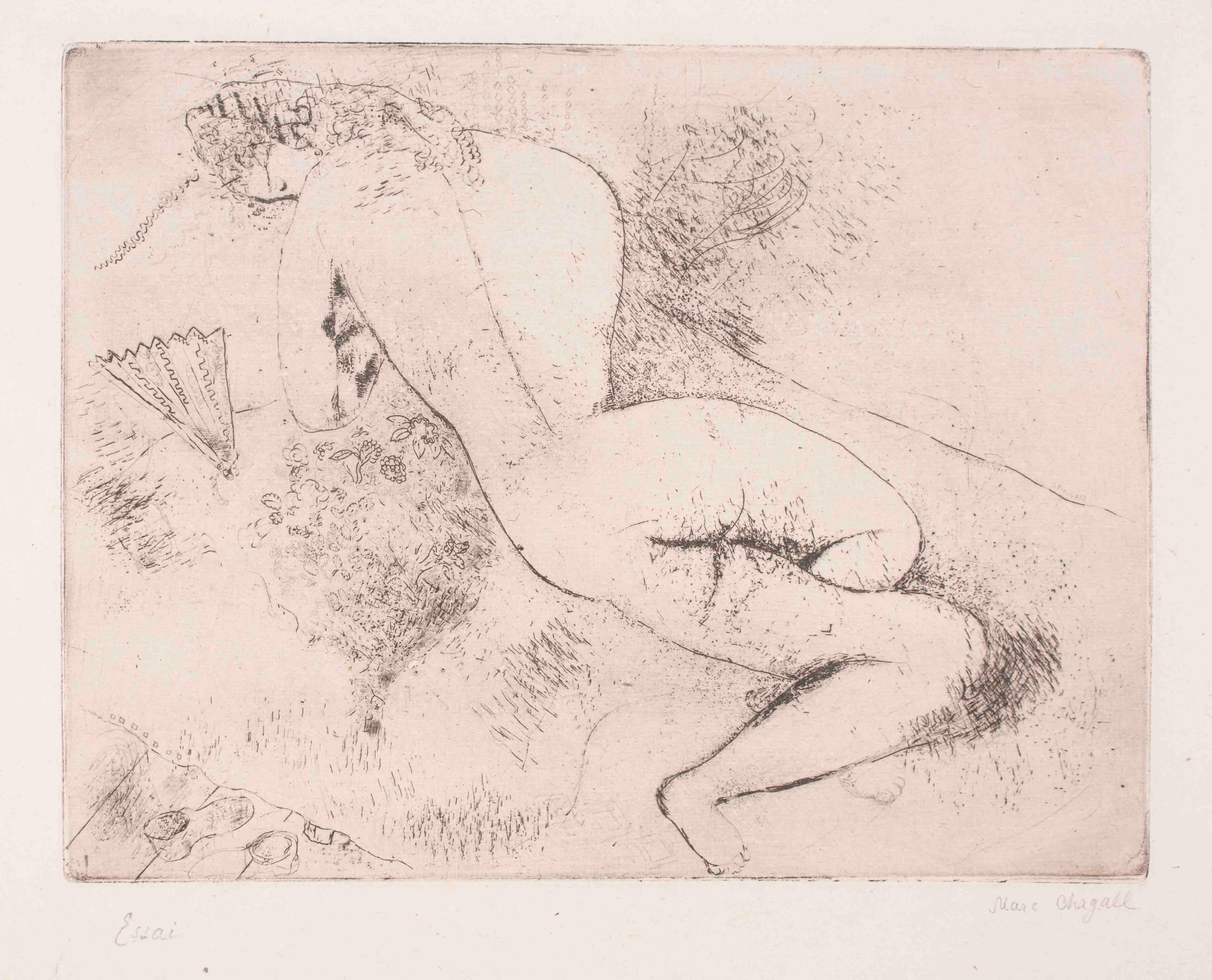 Nu à l'éventail - Etching by Marc Chagall - 1924