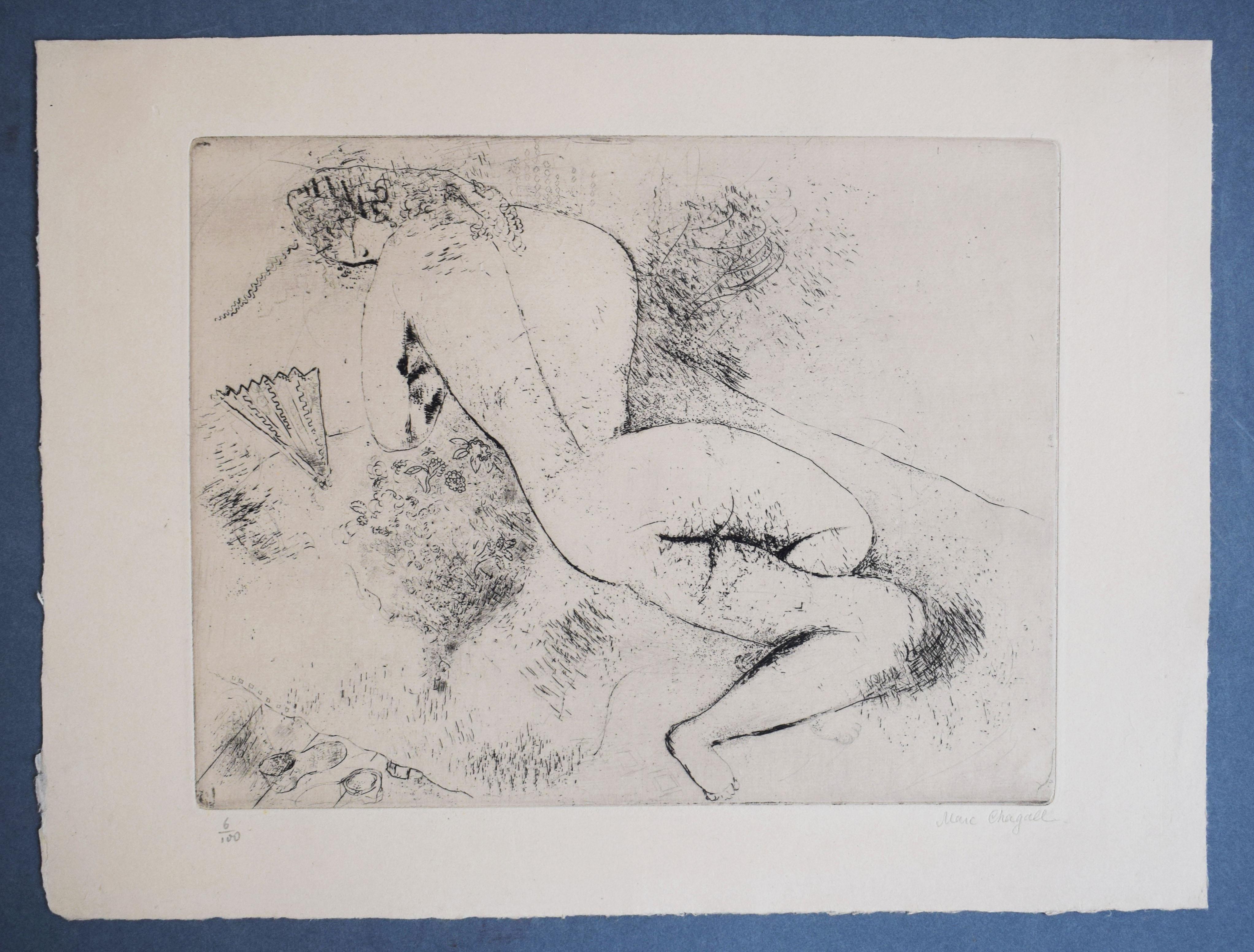 Akt mit Fächer -  Female Nude mit Fächer Französisch Russische Ecole de Paris – Print von Marc Chagall