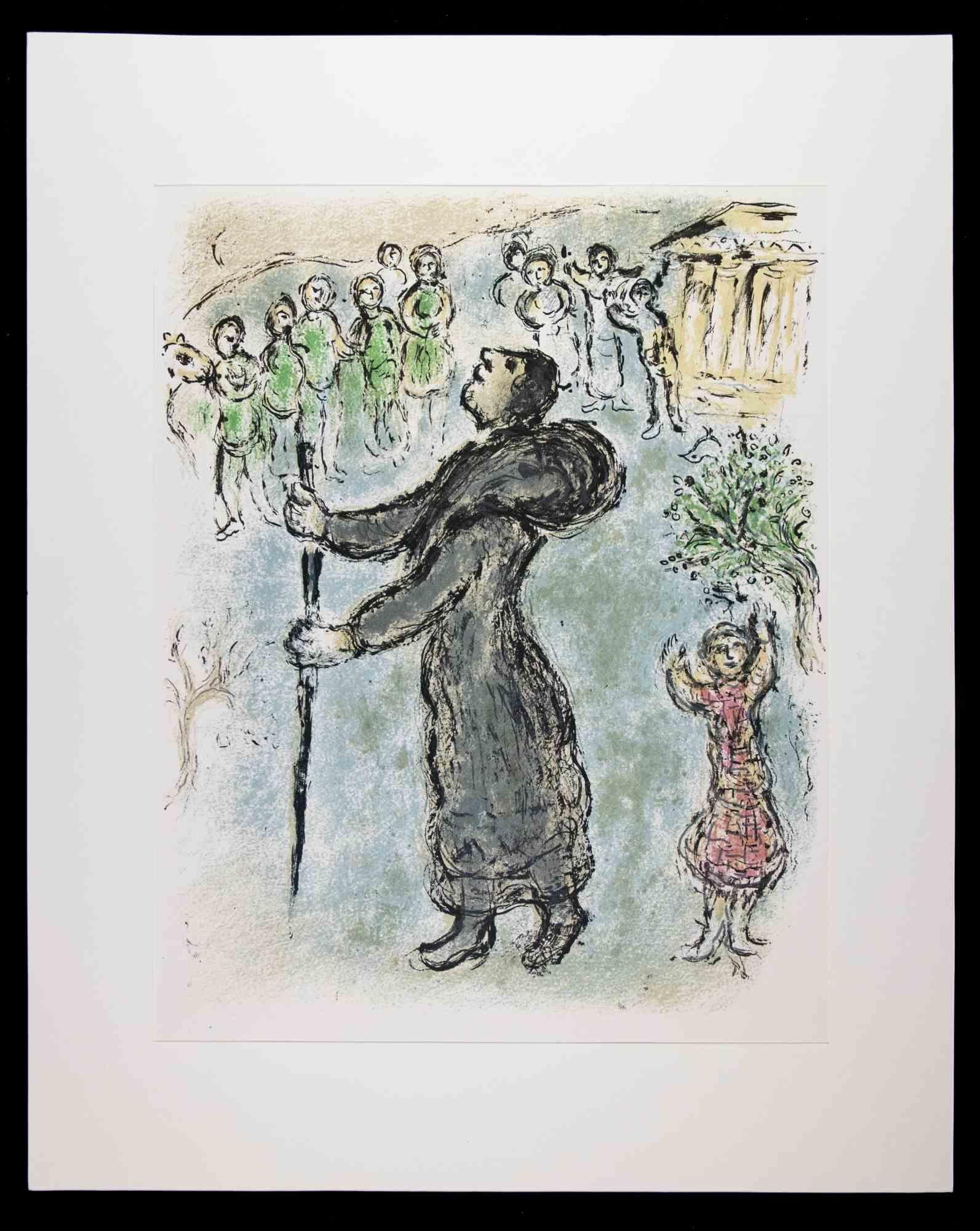Odysseus als Bettler verkleidet - Aus der Suite "Odyssee" ist eine prächtige Farblithographie nach Marc Chagall aus dem Jahr 1963.

Farbige Lithographie auf Papier. Herausgegeben von Daco, Stuttgart 1989.

Dieser schöne Druck gehört zu der Suite