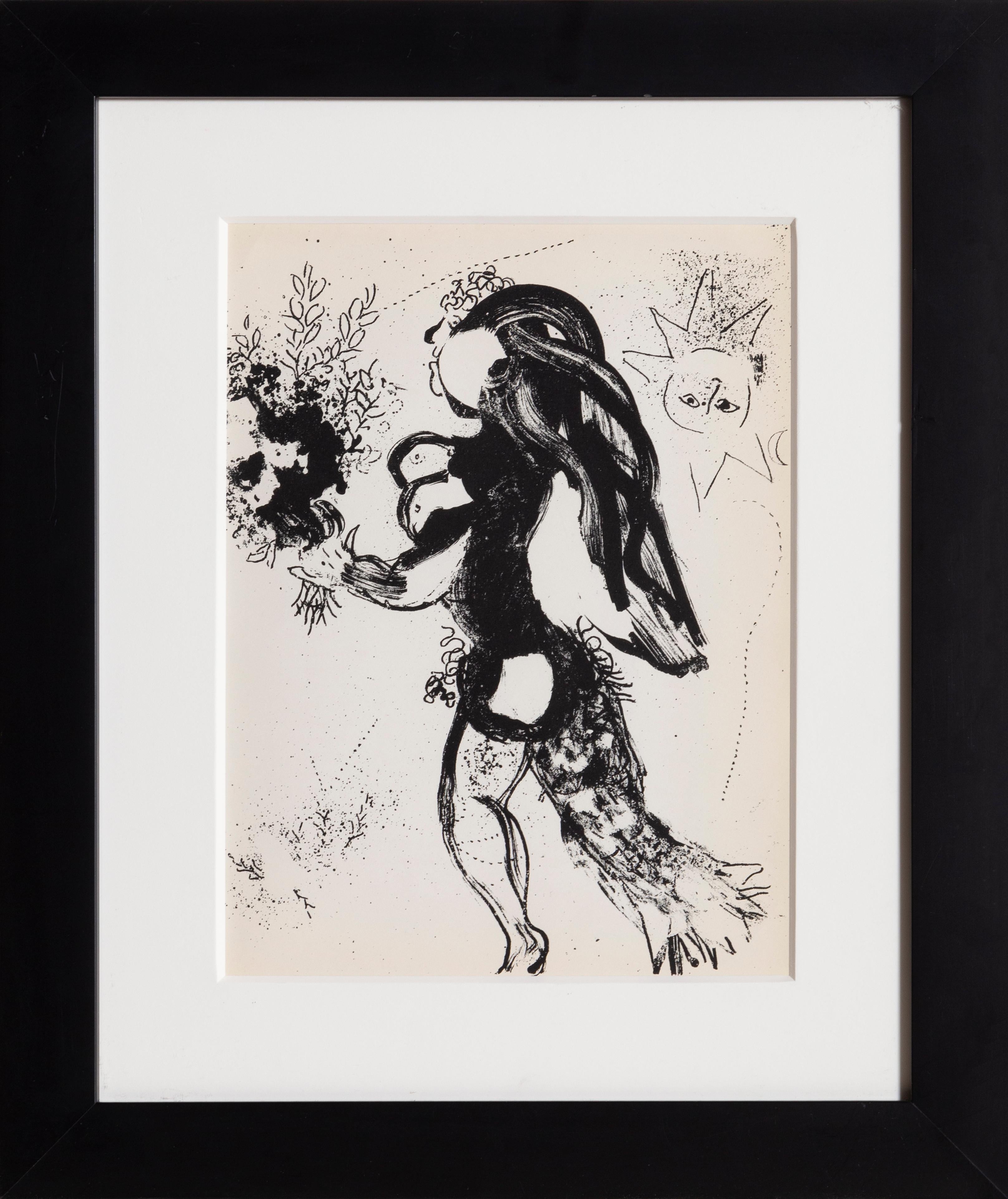 An impression from the book of Marc Chagall's (Russian, 1887-1985) lithographs. Published in 1960 by Éditions André Sauret, Monte-Carlo. From 1960 to 1974 Chagall produced 28 lithographs for the six volumes of the Lithographs Catalogue Raisonné.
