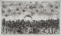 On the Earth, Crowd and Birds - Original etching (Cramer #103)