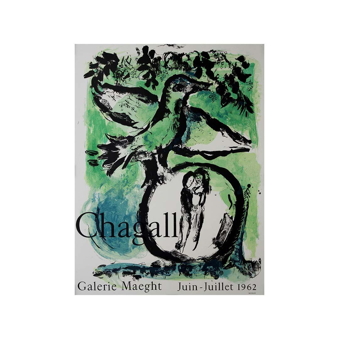 Original 1962 lithographic poster by Marc Chagall - L’Oiseau Vert - Mourlot For Sale 3