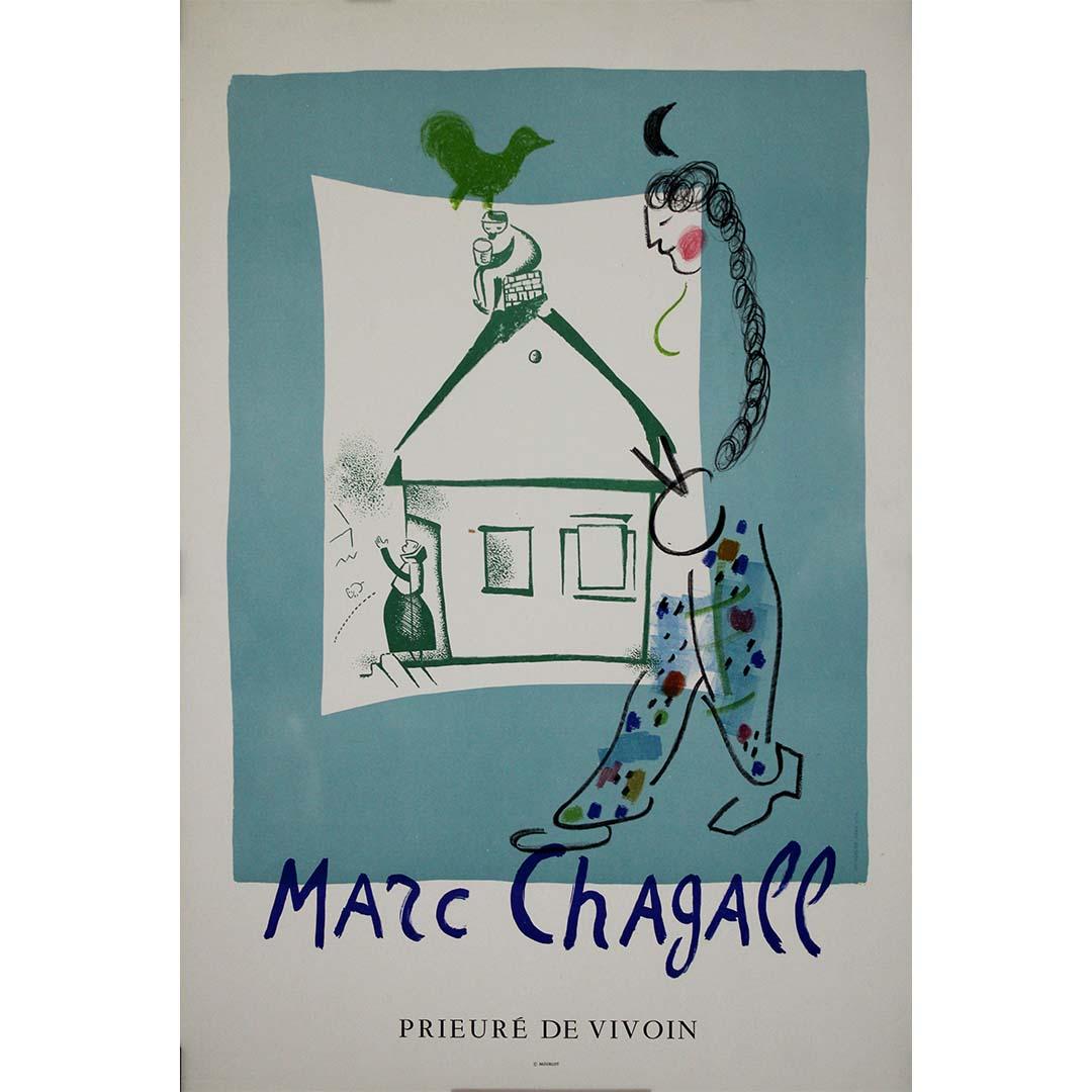 This enchanting original 1969 lithographic poster by Marc Chagall was created to promote an exhibition held at the Prieuré de Vivoin, a historic priory turned cultural venue in Sarthe, France. As always with Chagall, the poster is not merely an