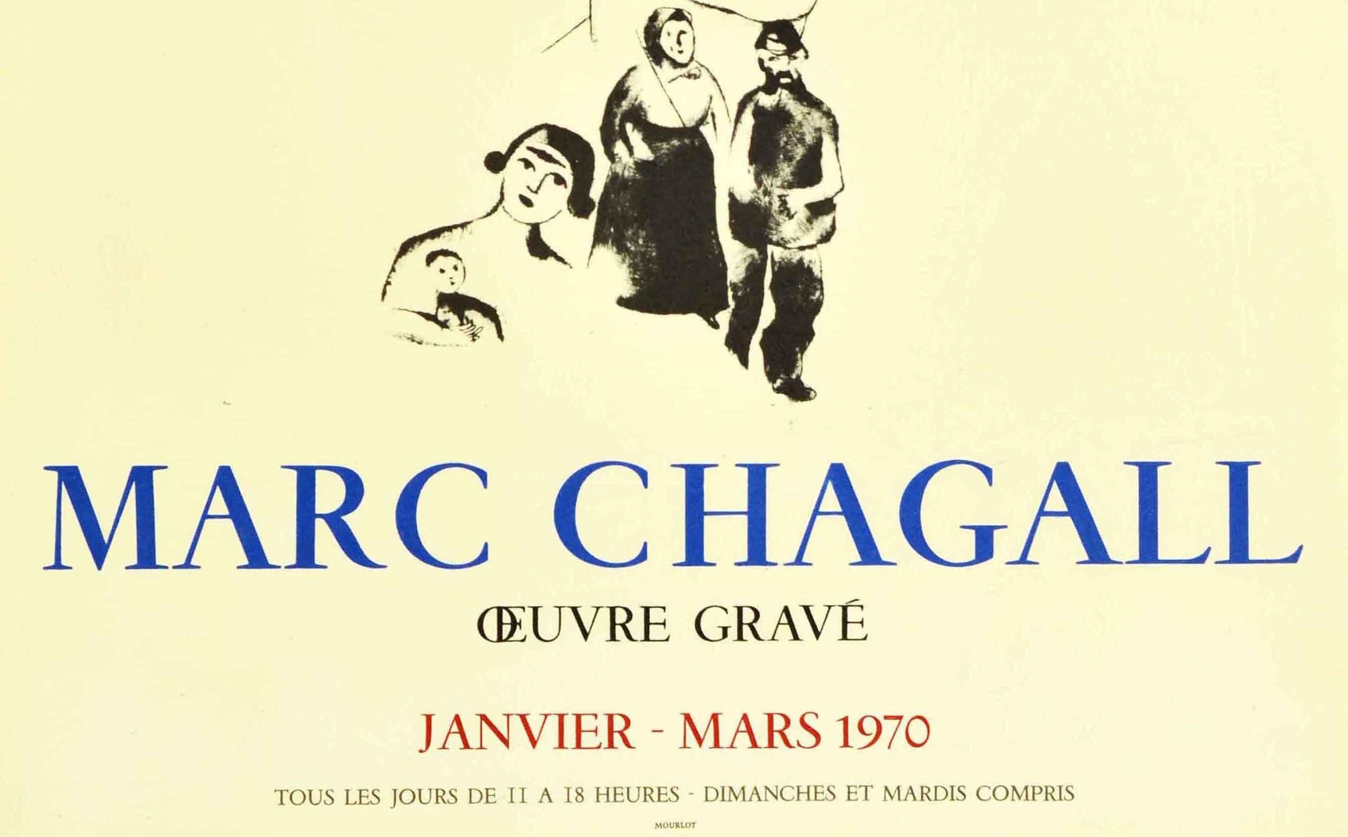 Original vintage advertising poster for an art exhibition of Engraved Work by the notable artist Marc Chagall (1887-1985) L'oeuvre Grave held at the National Library / Bibliotheque Nationale Paris from January to March 1970 featuring Chagall's 1922