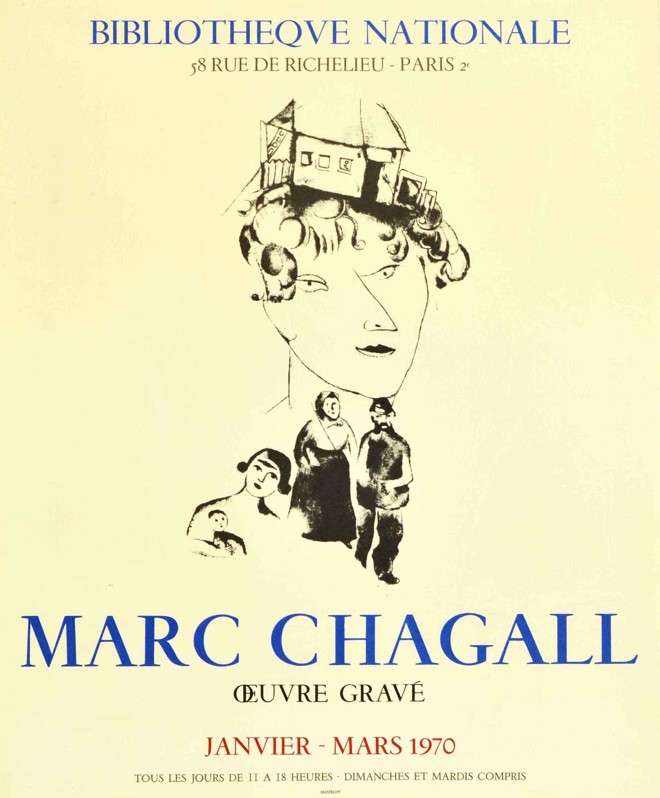 Original Vintage-Werbeplakat für eine Ausstellung von Gravuren des bedeutenden Künstlers Marc Chagall (1887-1985) L'oeuvre Grave, die von Januar bis März 1970 in der Nationalbibliothek / Bibliotheque Nationale Paris stattfand. Das Plakat zeigt
