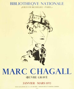 Affiche vintage d'origine Marc Chagall, exposition de gravures, Self Portrait de famille